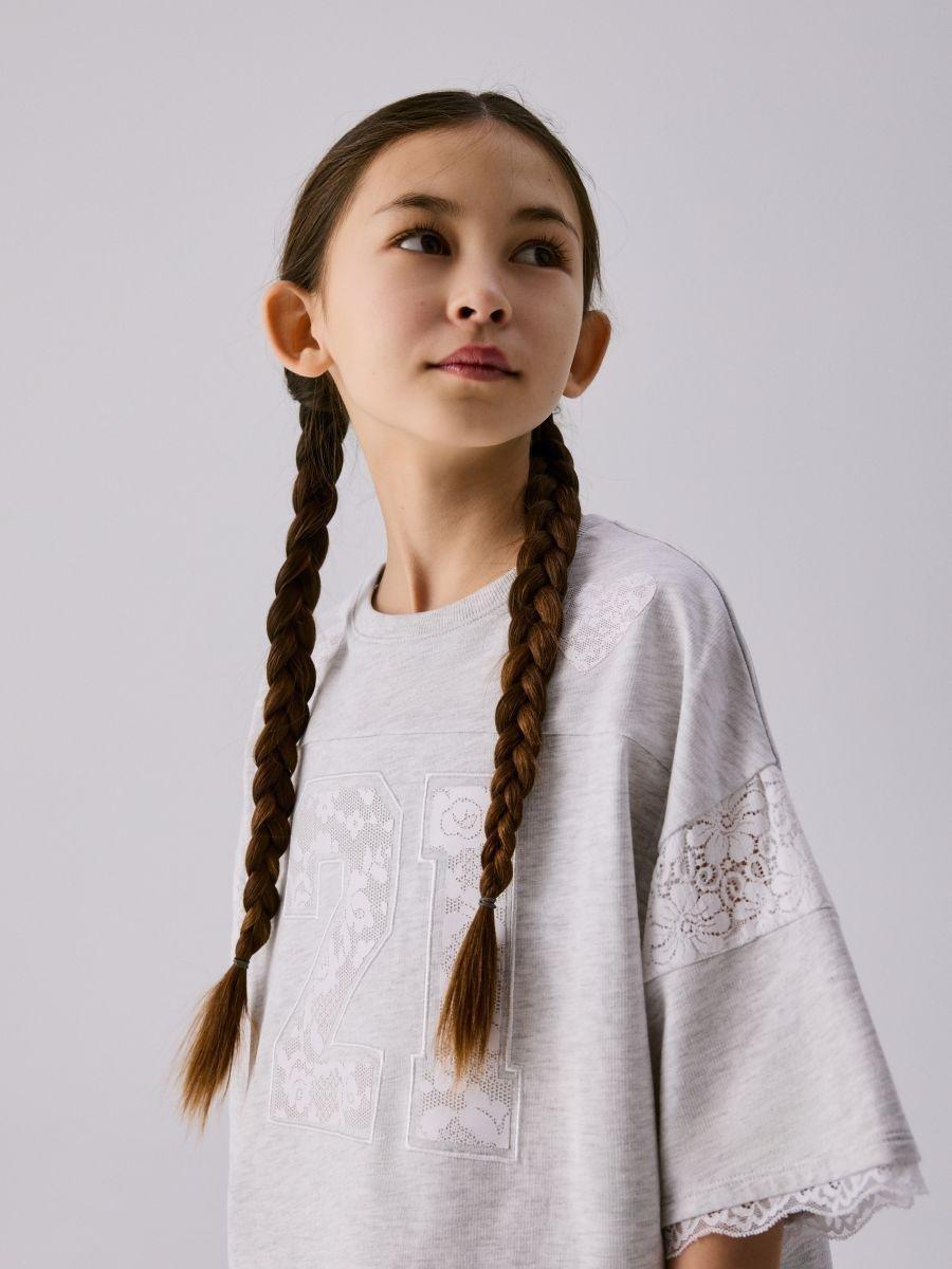 Grey T-Shirt With Lace Embellishment, Light grey, large image number 0