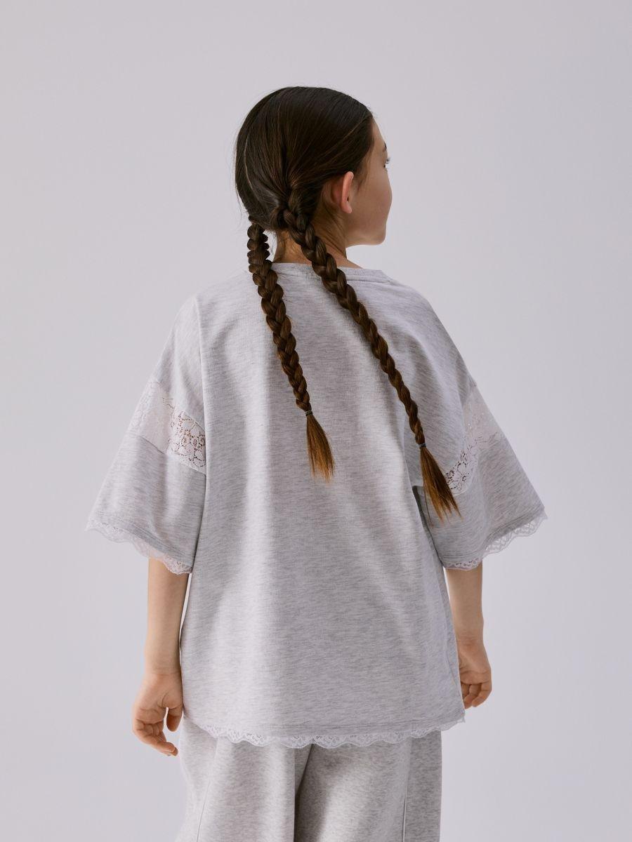 Grey T-Shirt With Lace Embellishment, Light grey, large image number 1