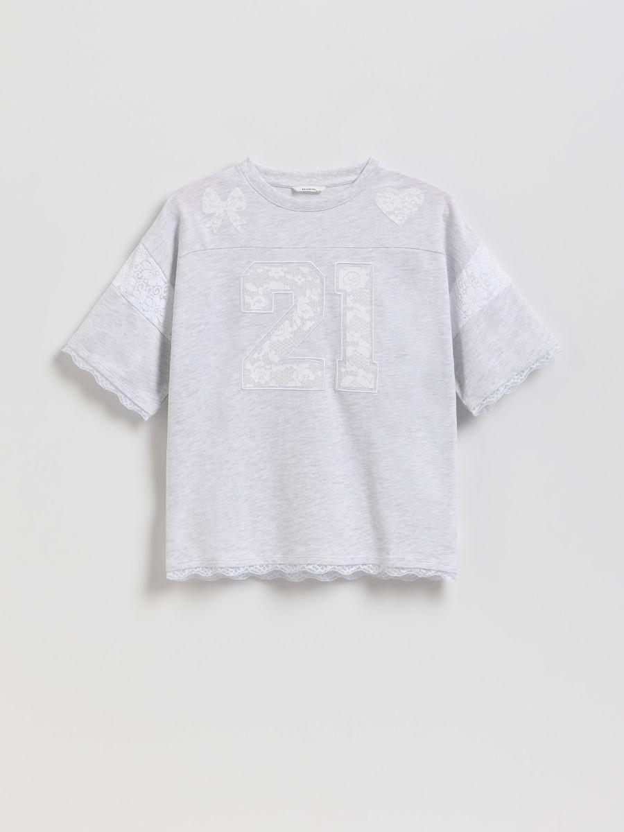 Grey T-Shirt With Lace Embellishment, Light grey, large image number 2