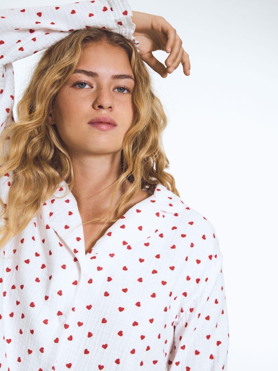Cream Muslin Pyjamas With Heart Pattern, Ivory, medium