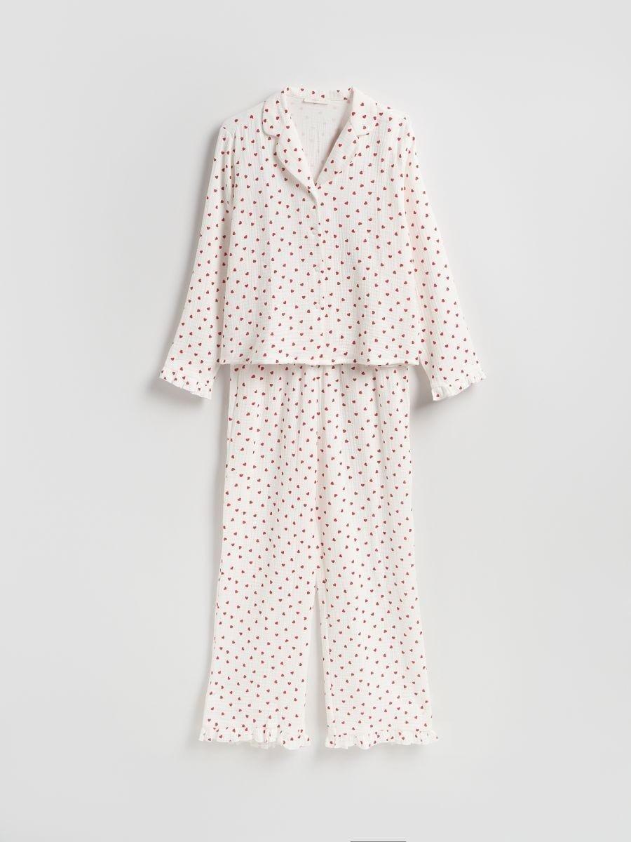 Cream Muslin Pyjamas With Heart Pattern, Ivory, medium