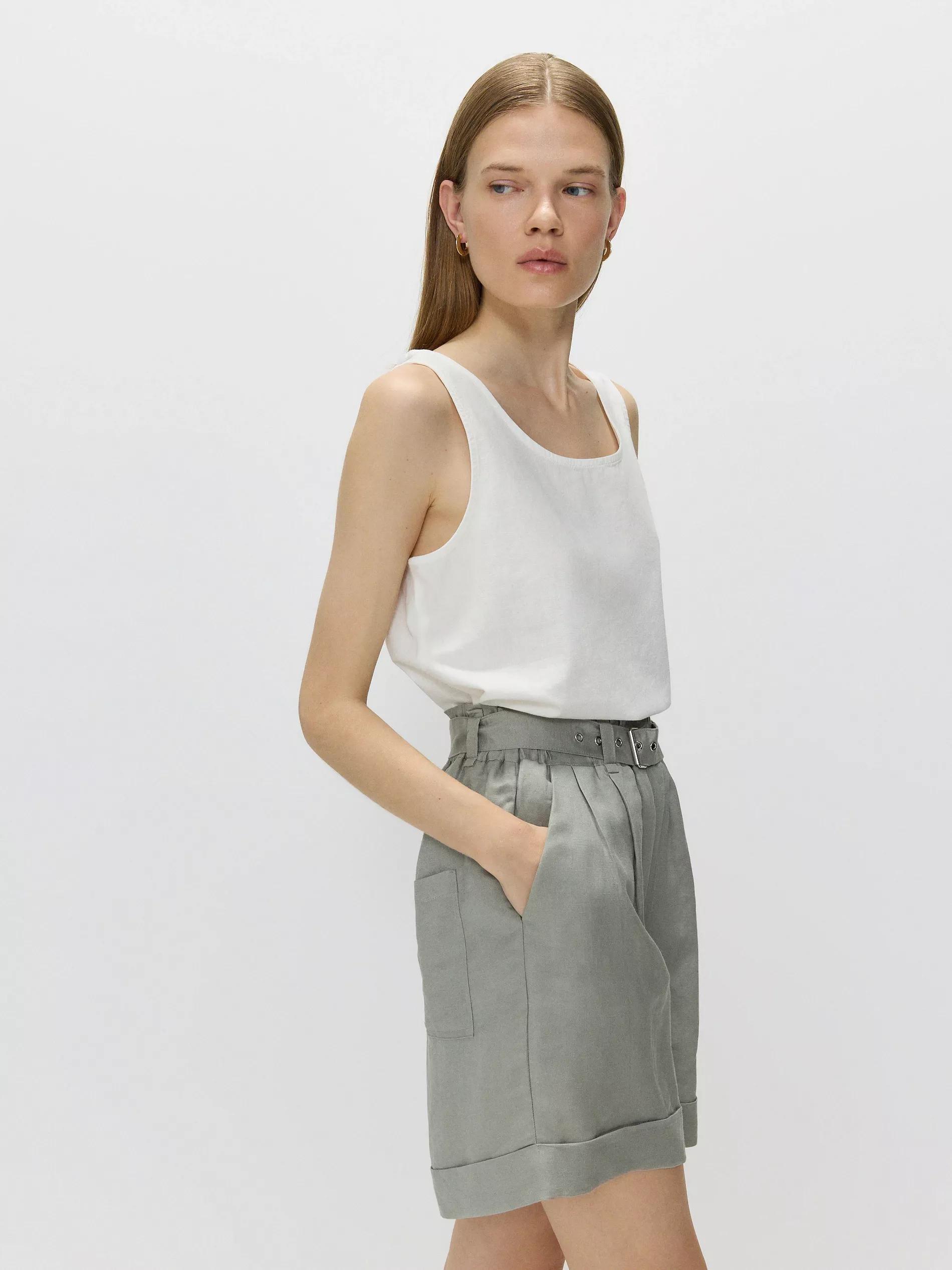 Green Belted Linen Shorts, , large image number 0