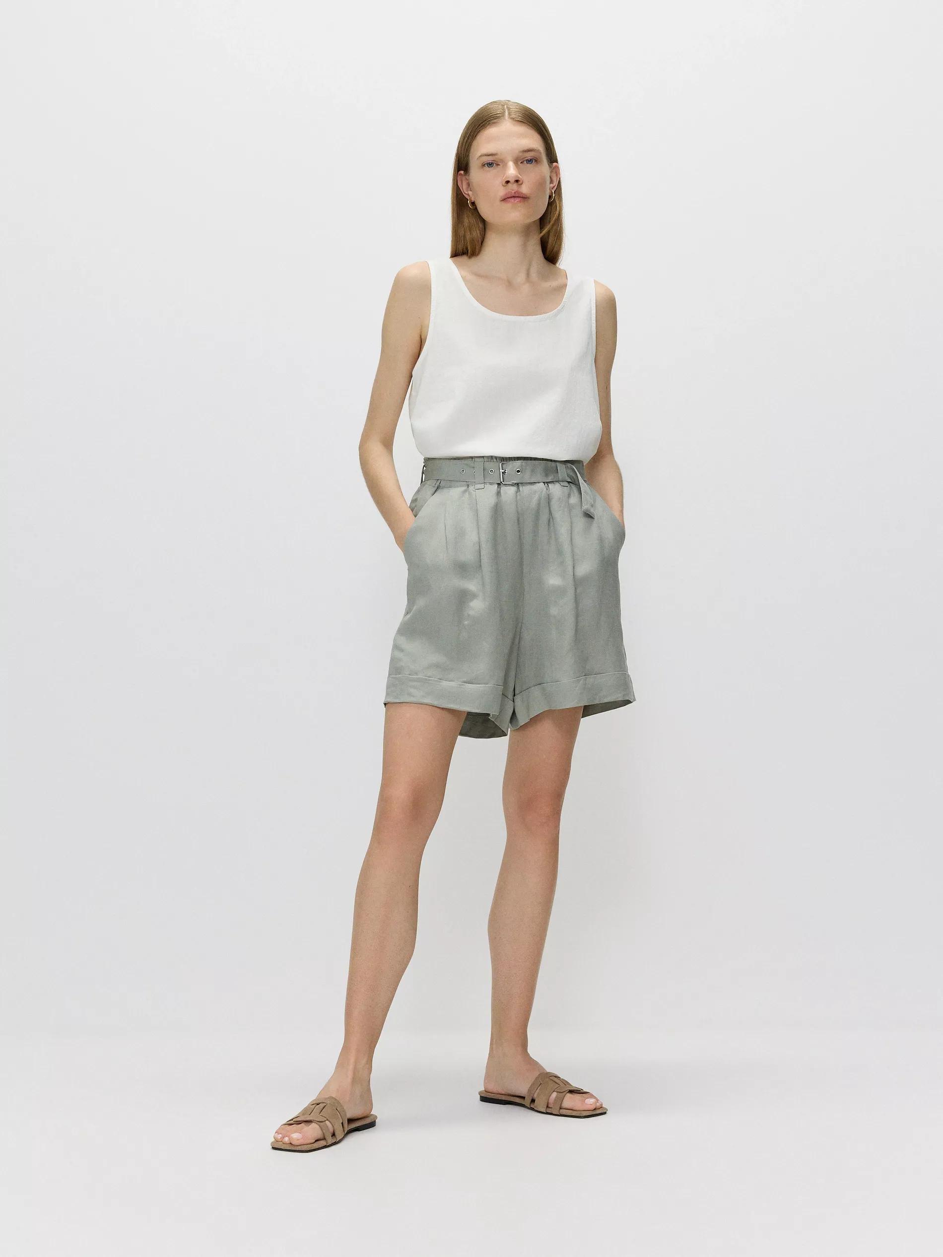 Green Belted Linen Shorts, , large image number 1