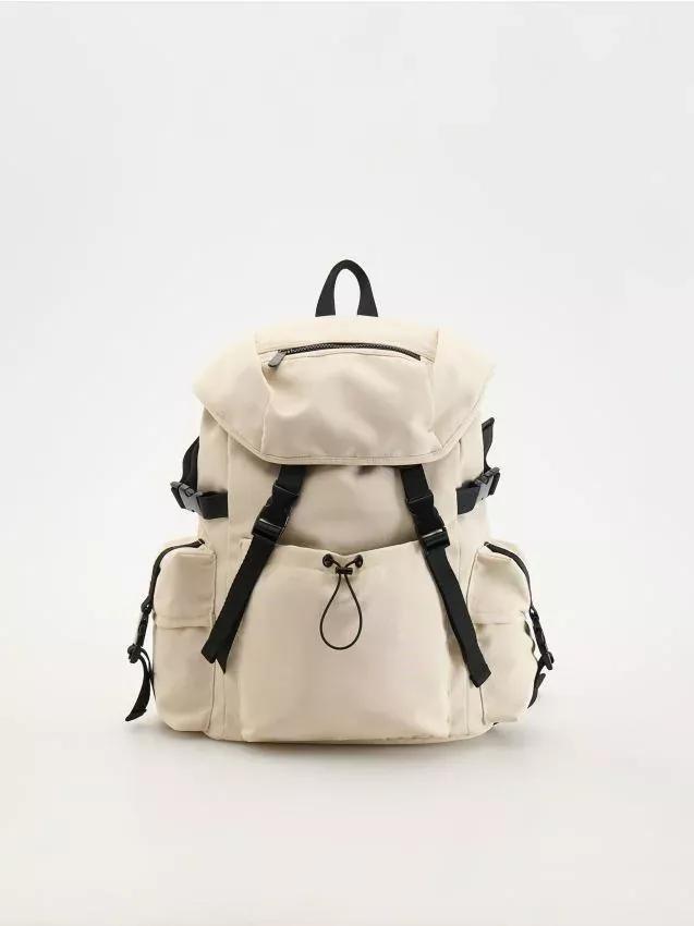 Cream Large Capacity Backpack With Pockets, Ivory, large image number 0