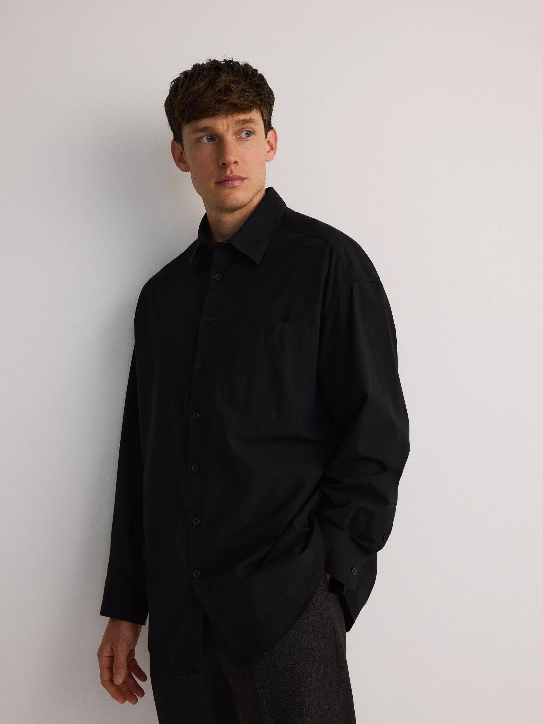 Black Boxy Cotton Shirt, Black, large image number 1
