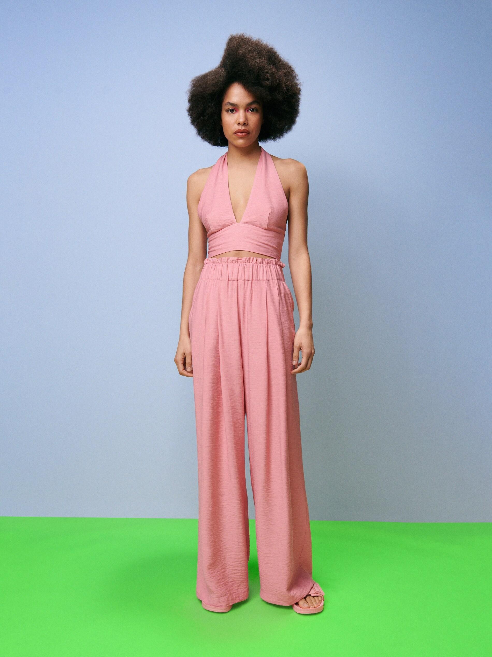 Pastel Pink Viscose Rich Paperbag Trousers, , large image number 0