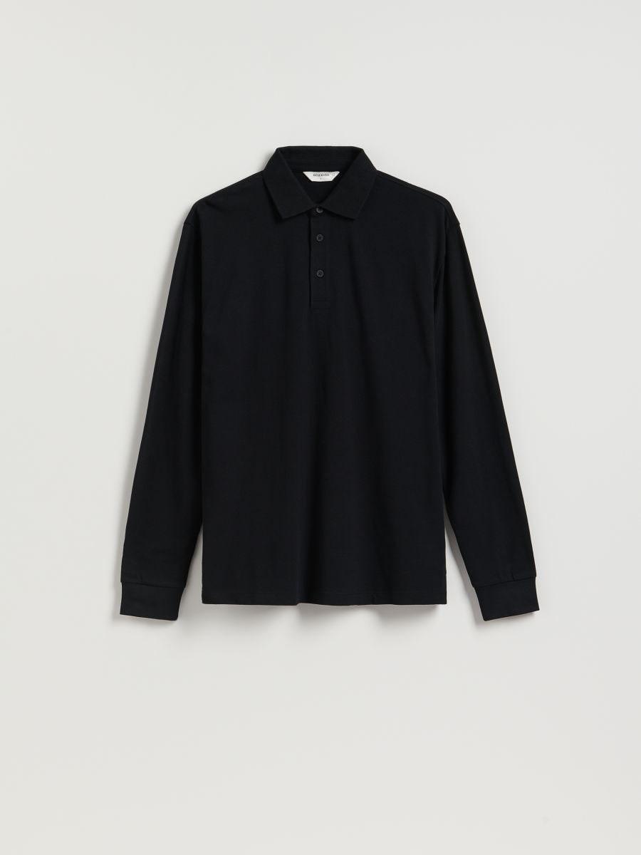 Black Polo Shirt With Long Sleeves, Black, medium
