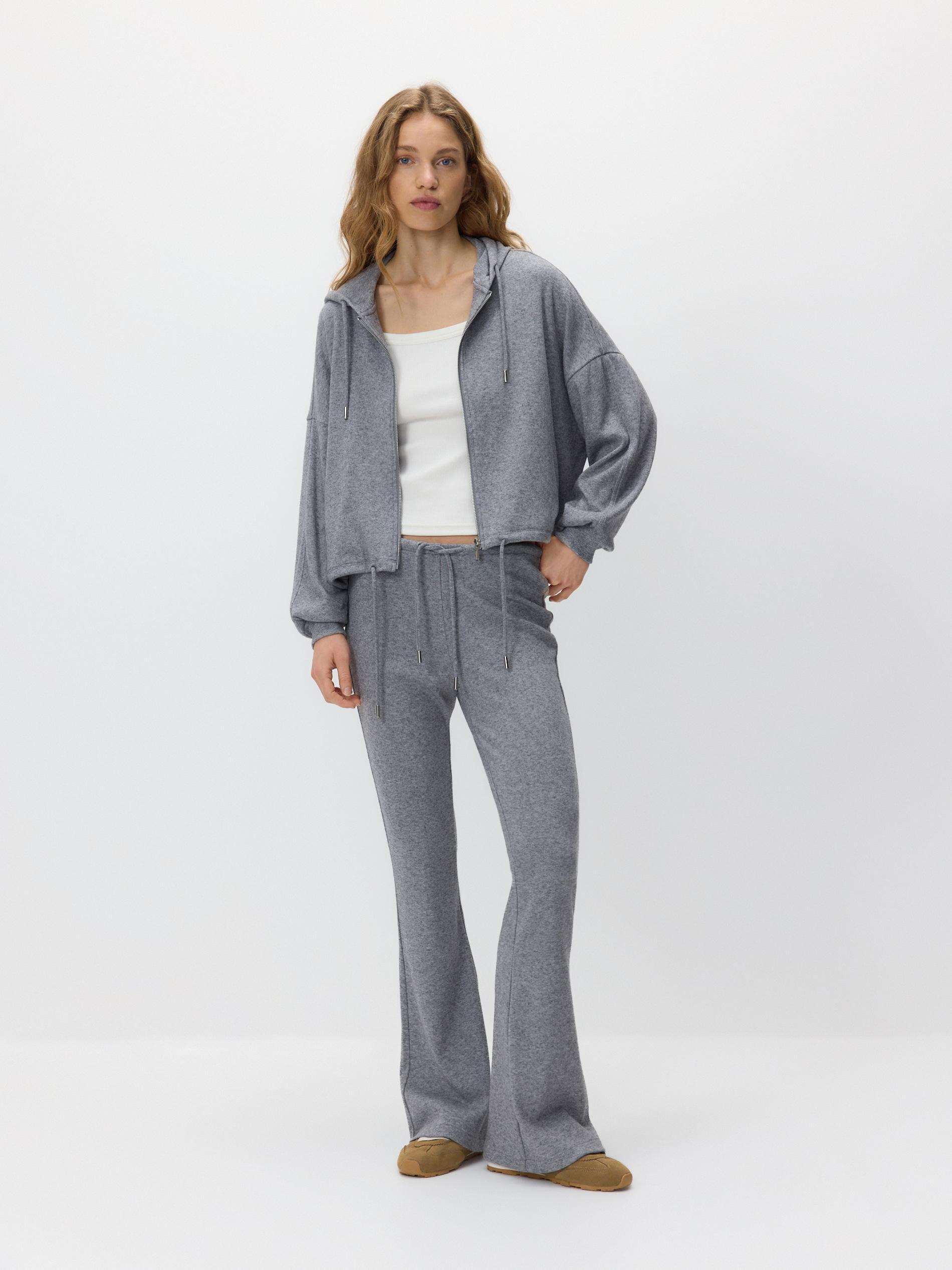 Grey Viscose Blend Flare Trousers, Grey, medium