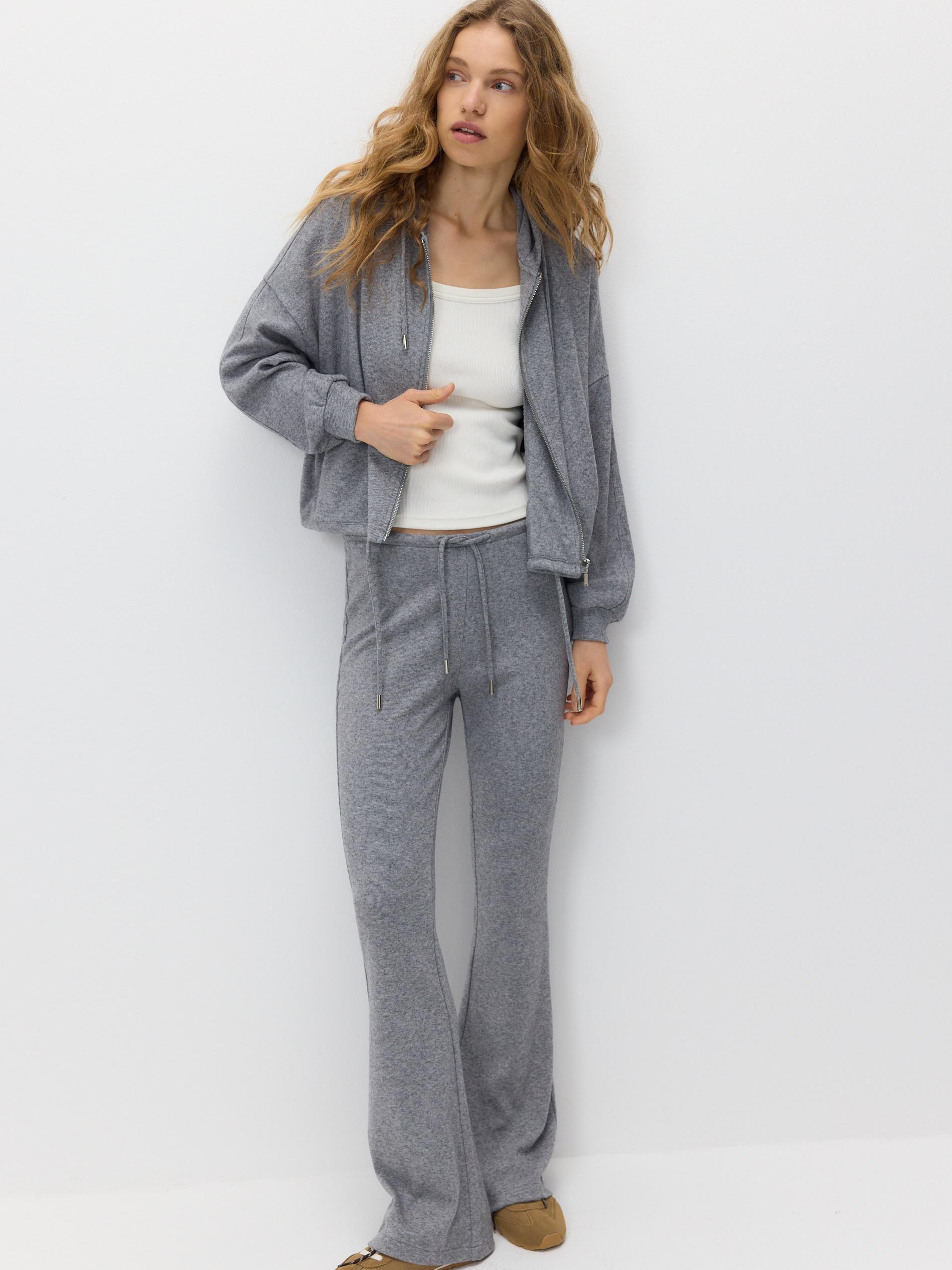 Grey Viscose Blend Flare Trousers, Grey, medium