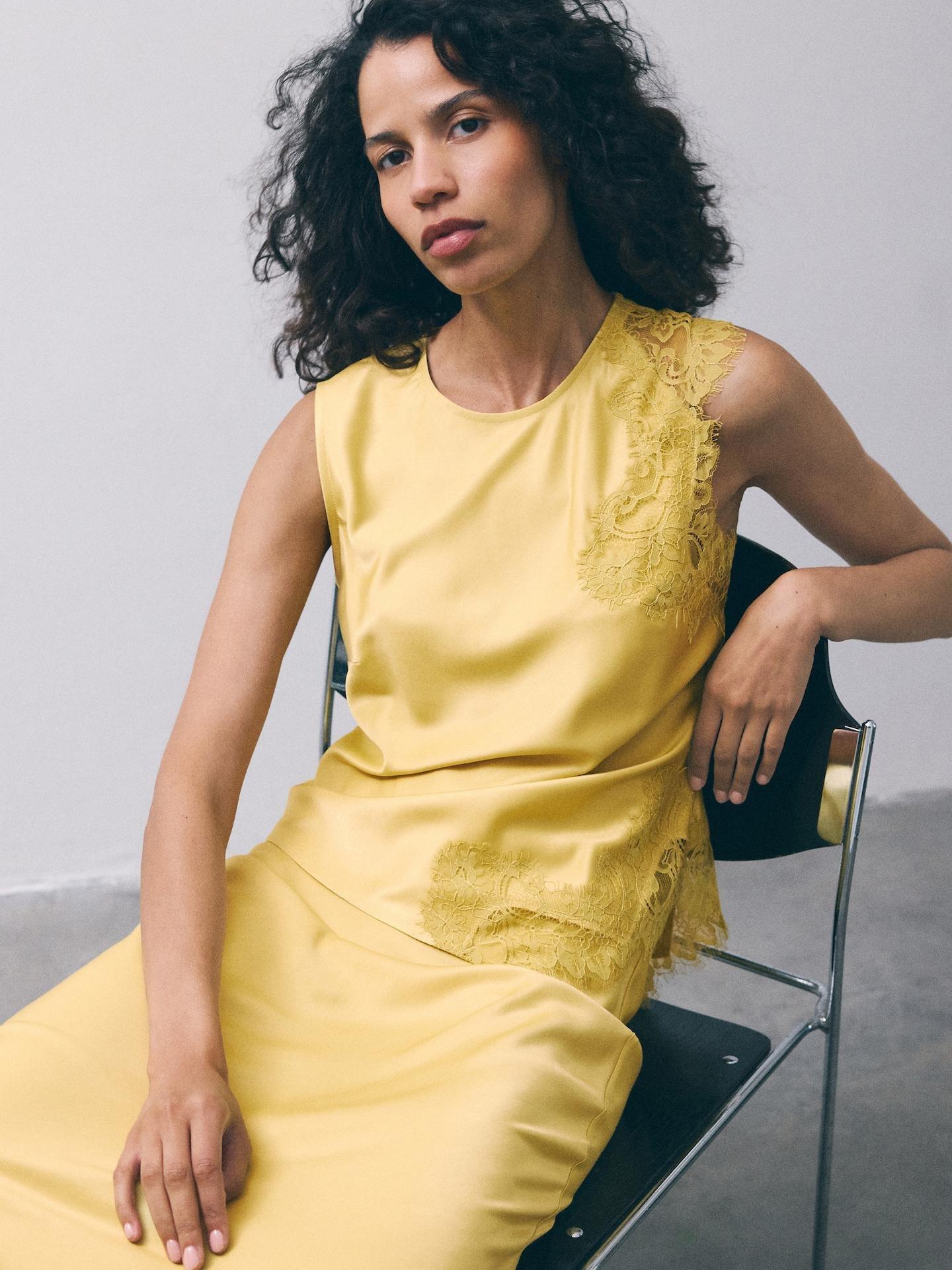 Yellow Asymmetric Blouse With Lace, Yellow, large image number 0