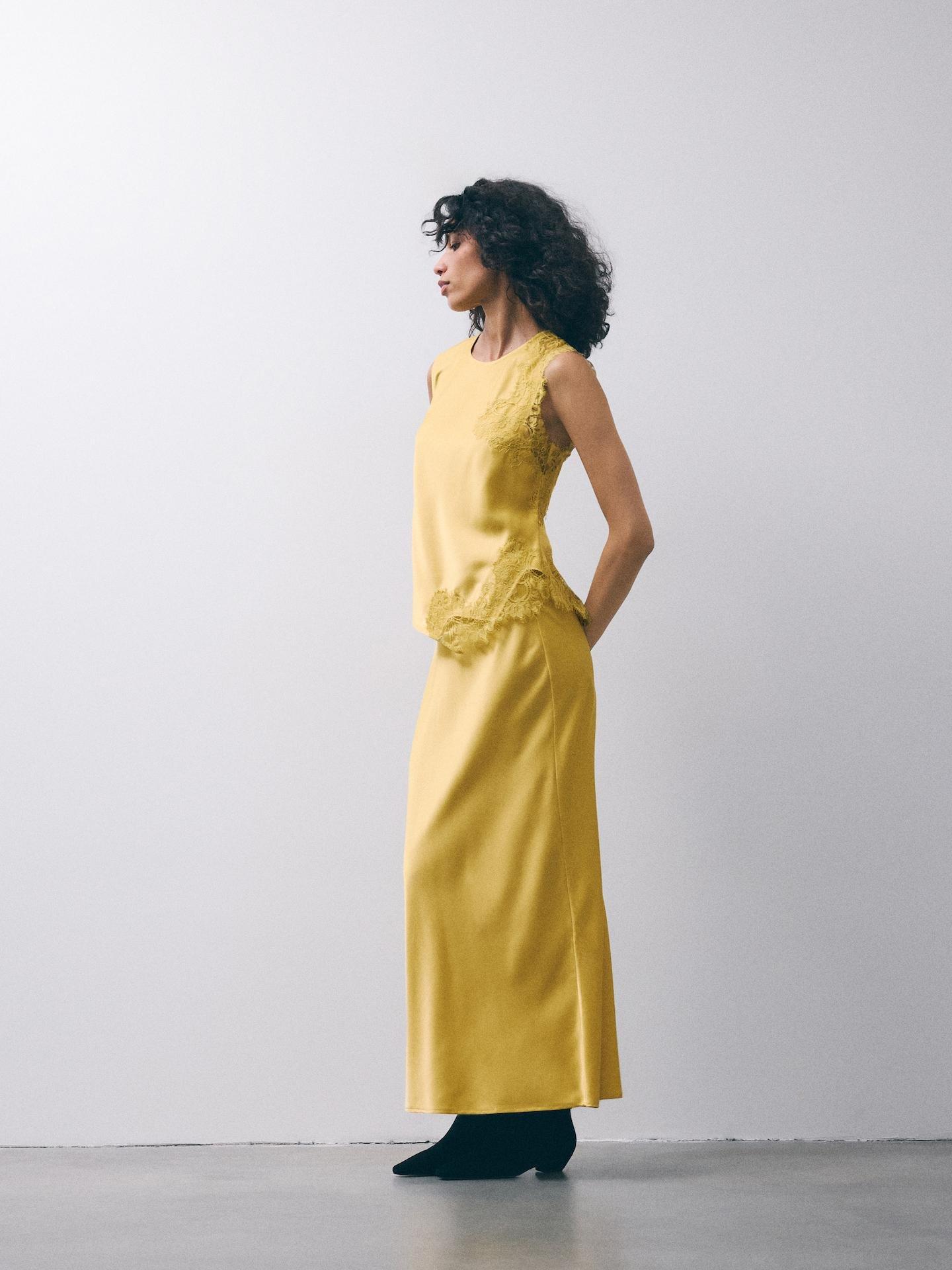 Yellow Asymmetric Blouse With Lace, Yellow, large image number 1
