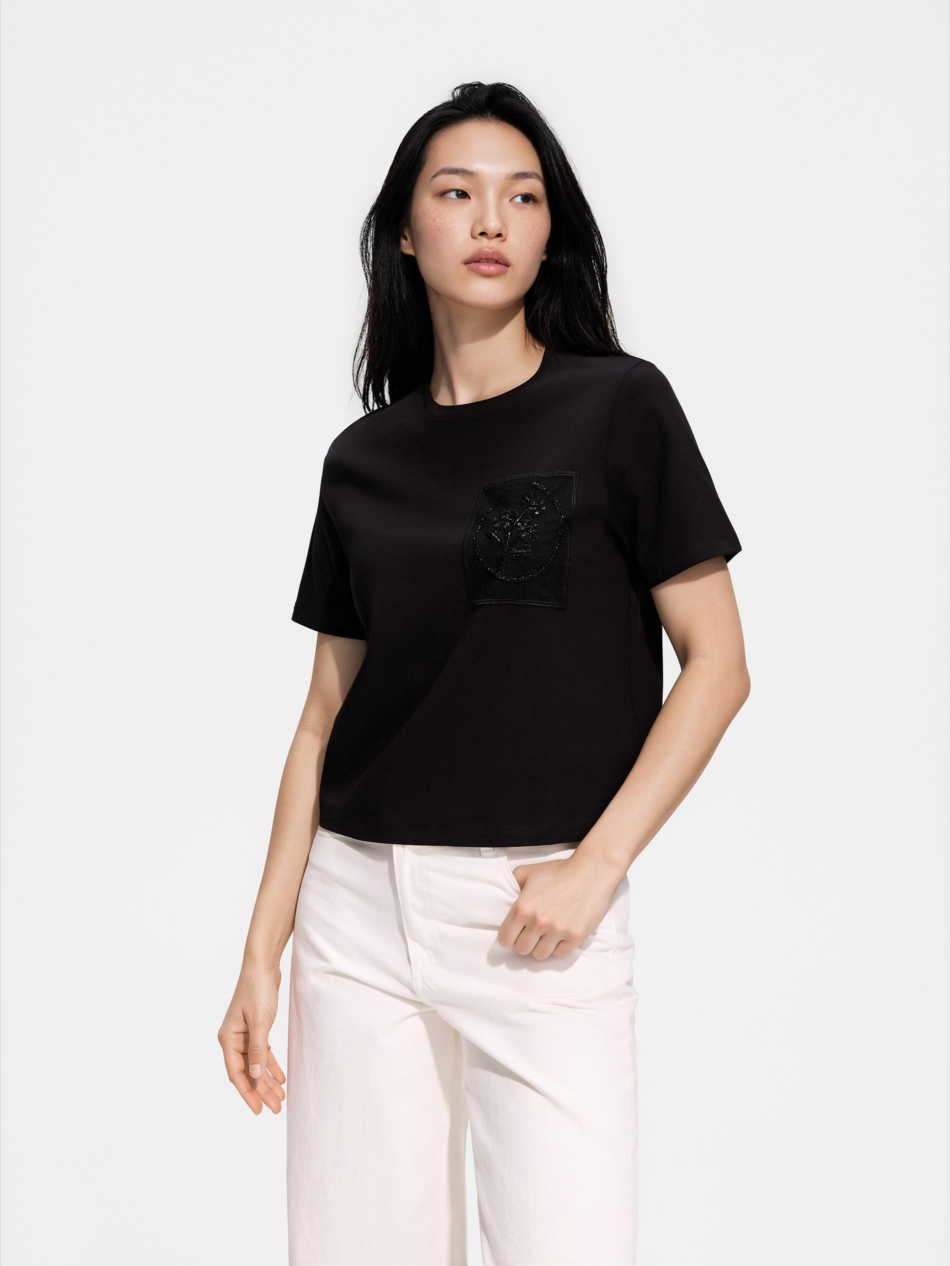 Black T-Shirt With Decorative Pocket, Black, medium