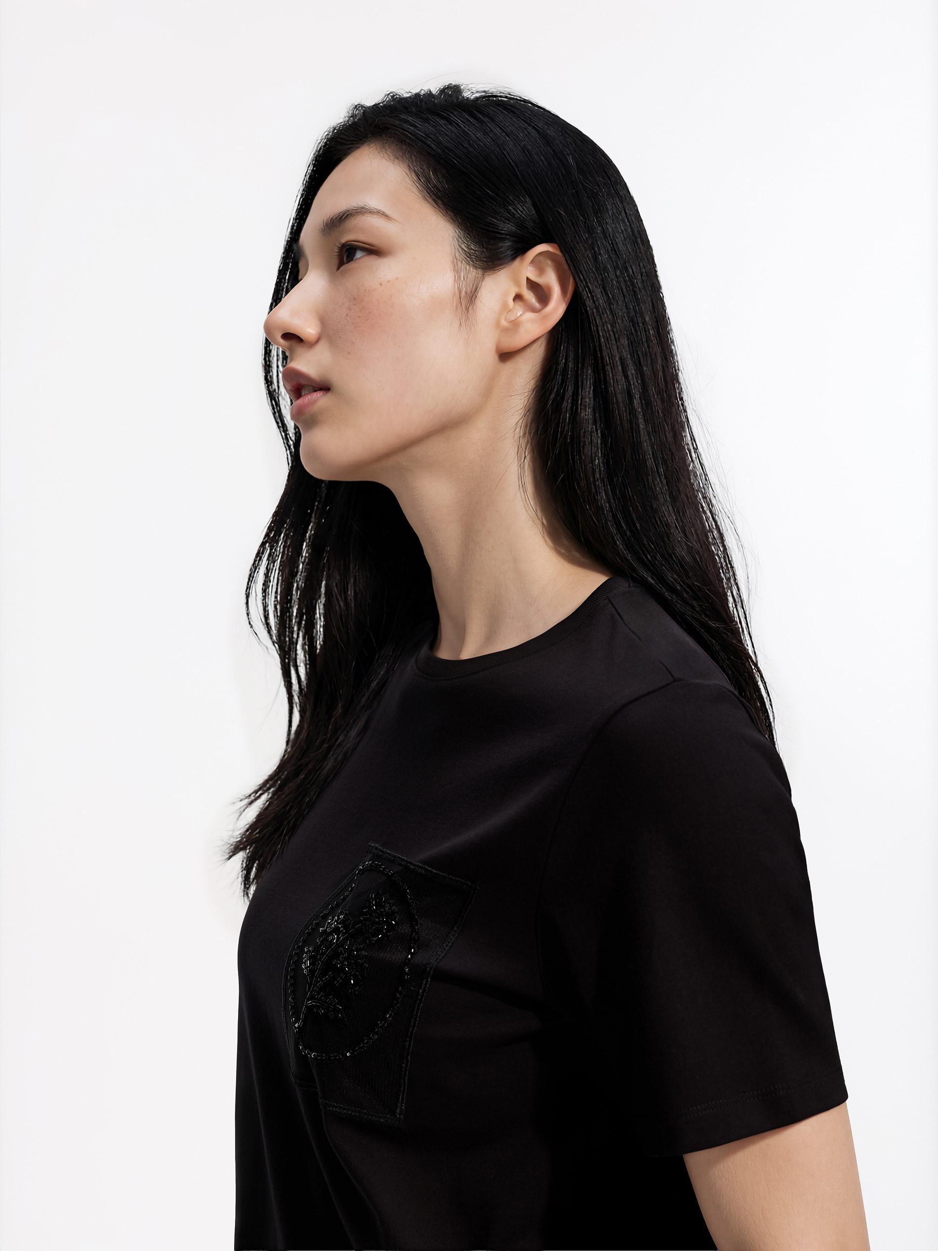 Black T-Shirt With Decorative Pocket, Black, medium