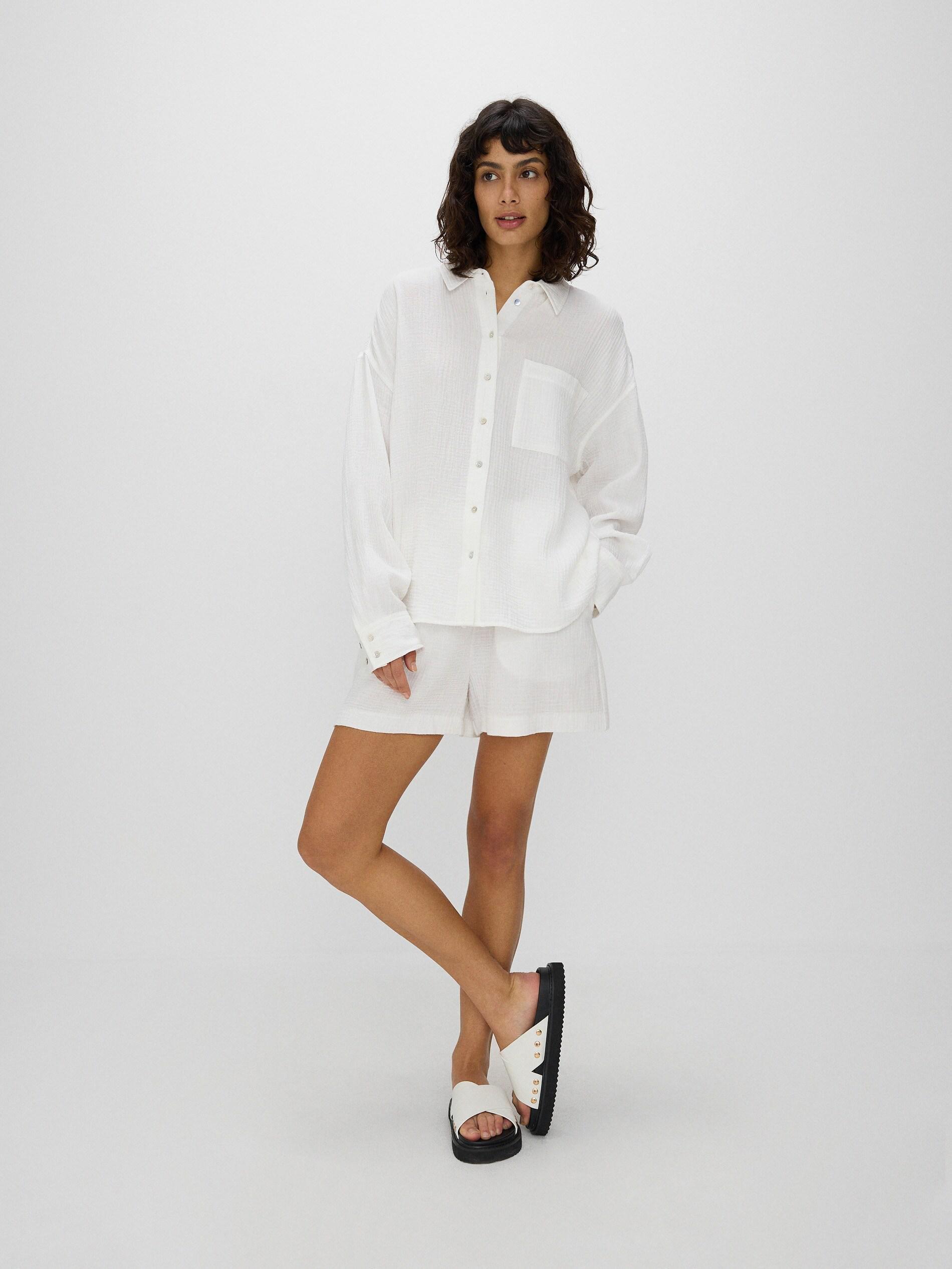 White Relaxed Cotton Shorts, , large image number 0