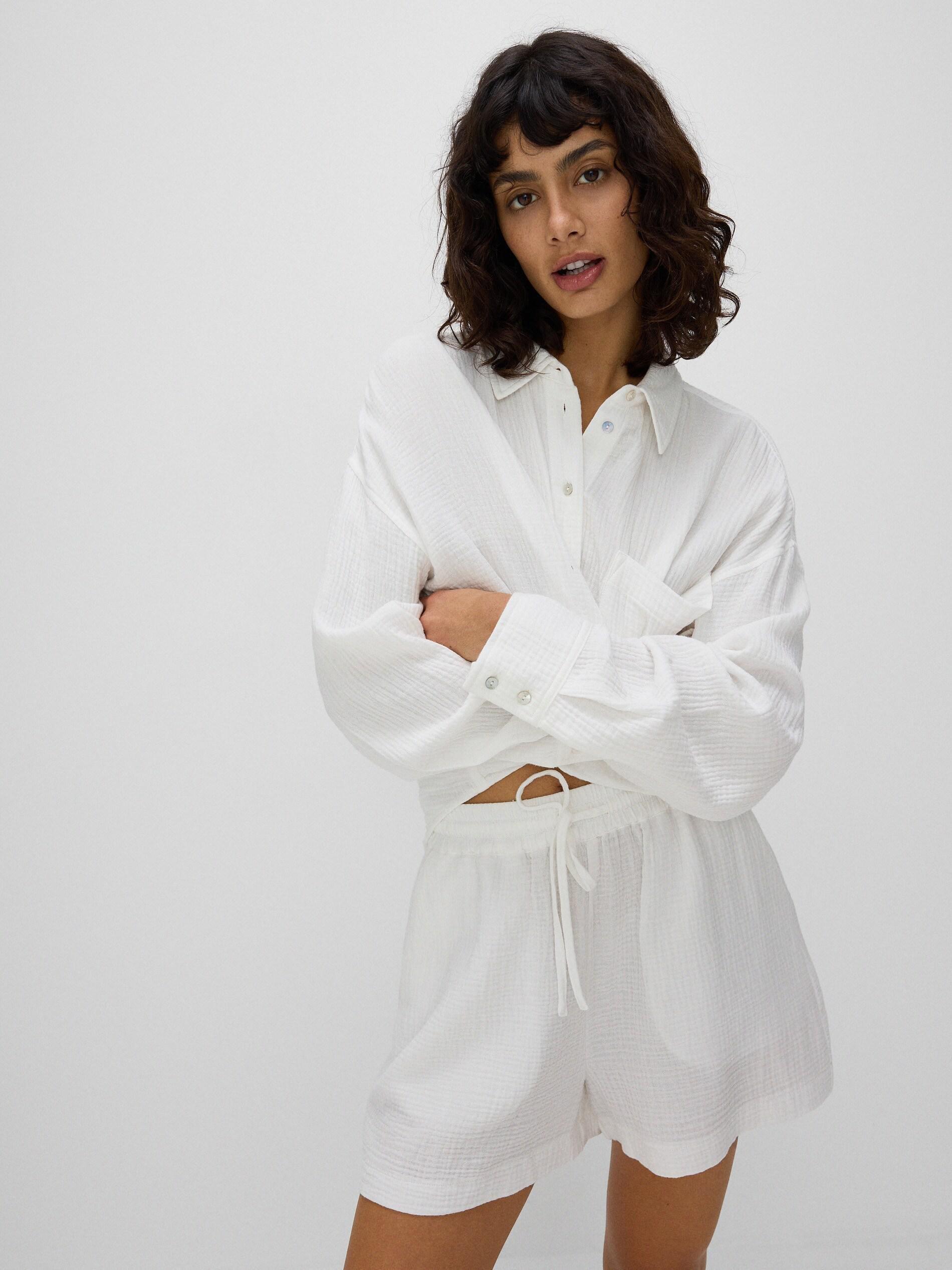 White Relaxed Cotton Shorts, , large image number 1