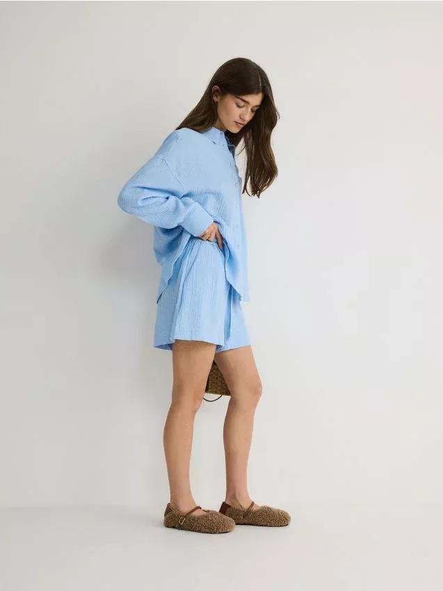 Blue Relaxed Cotton Shorts, , large image number 0