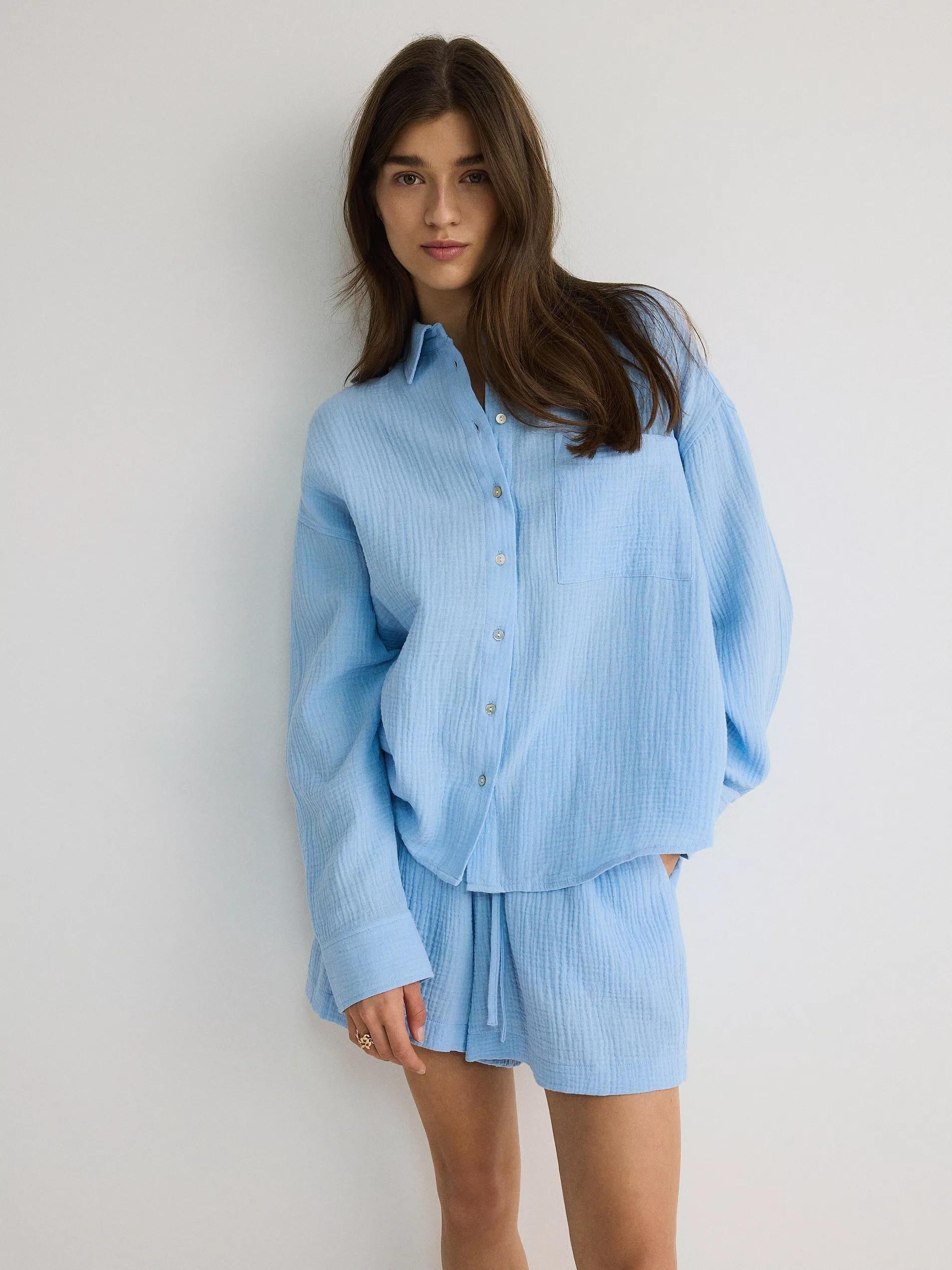 Blue Relaxed Cotton Shorts, , large image number 2