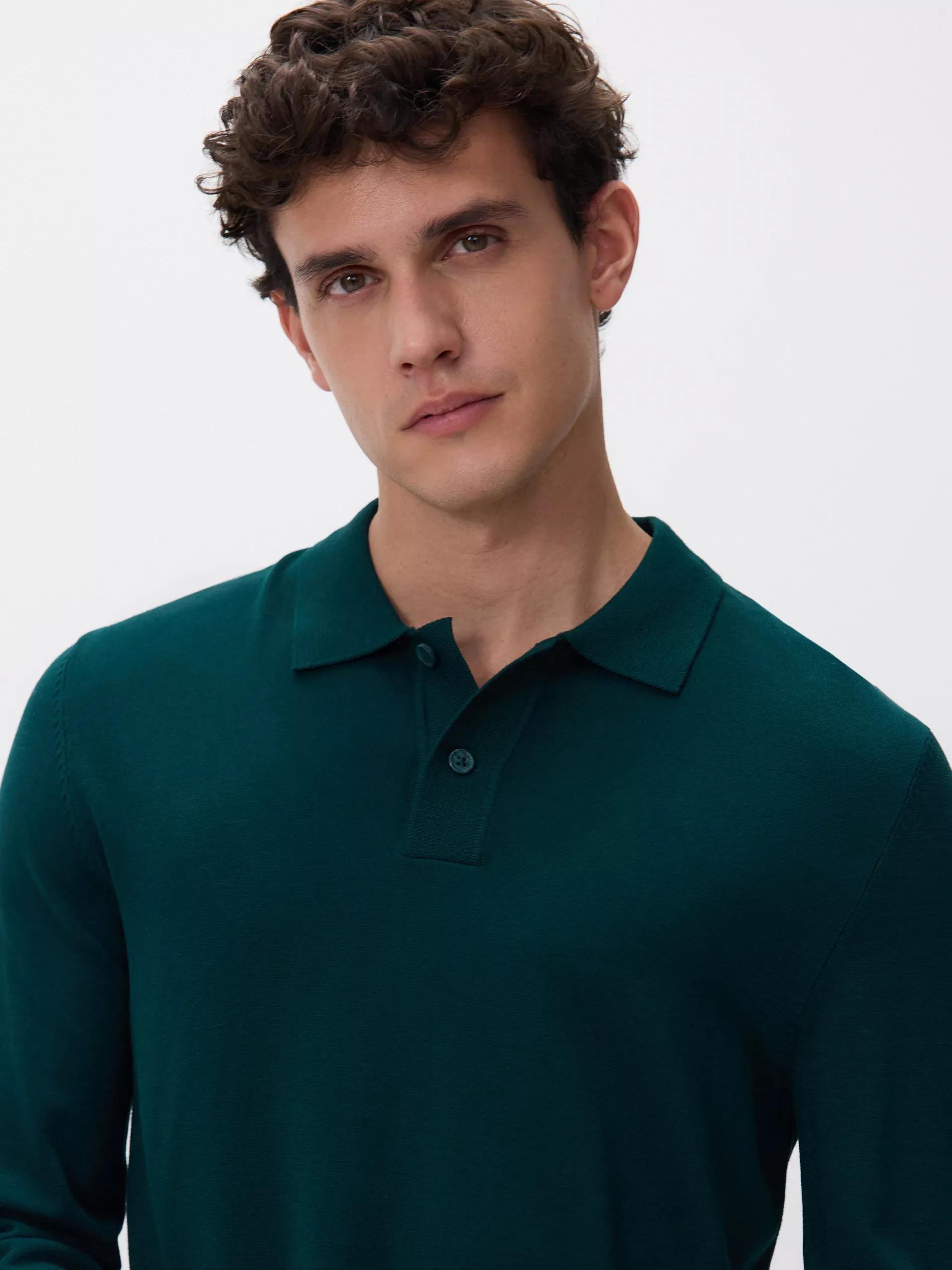 Green Viscose Rich Polo Jumper, Khaki, large image number 2