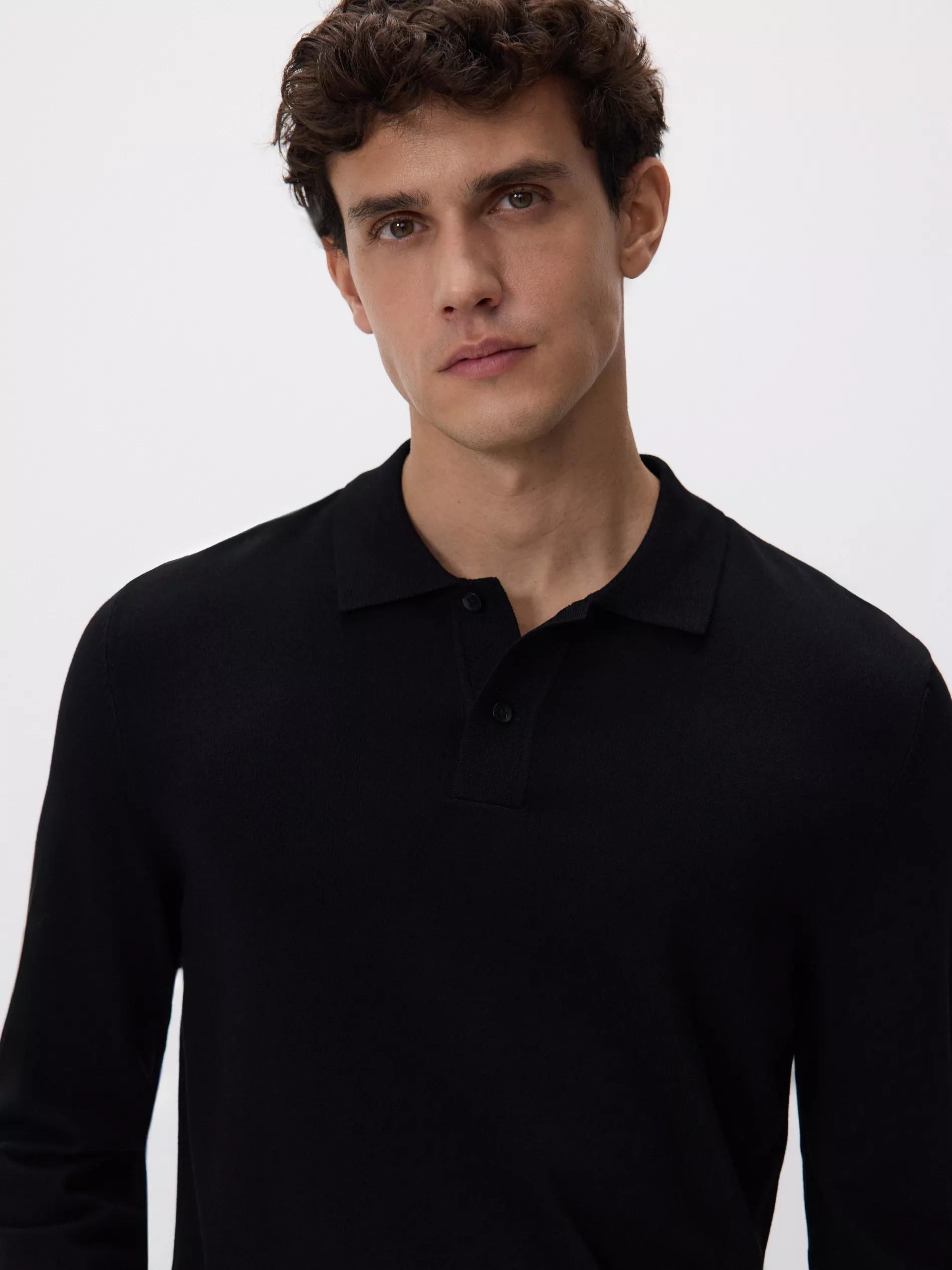Black Viscose Rich Polo Jumper, Black, large image number 0