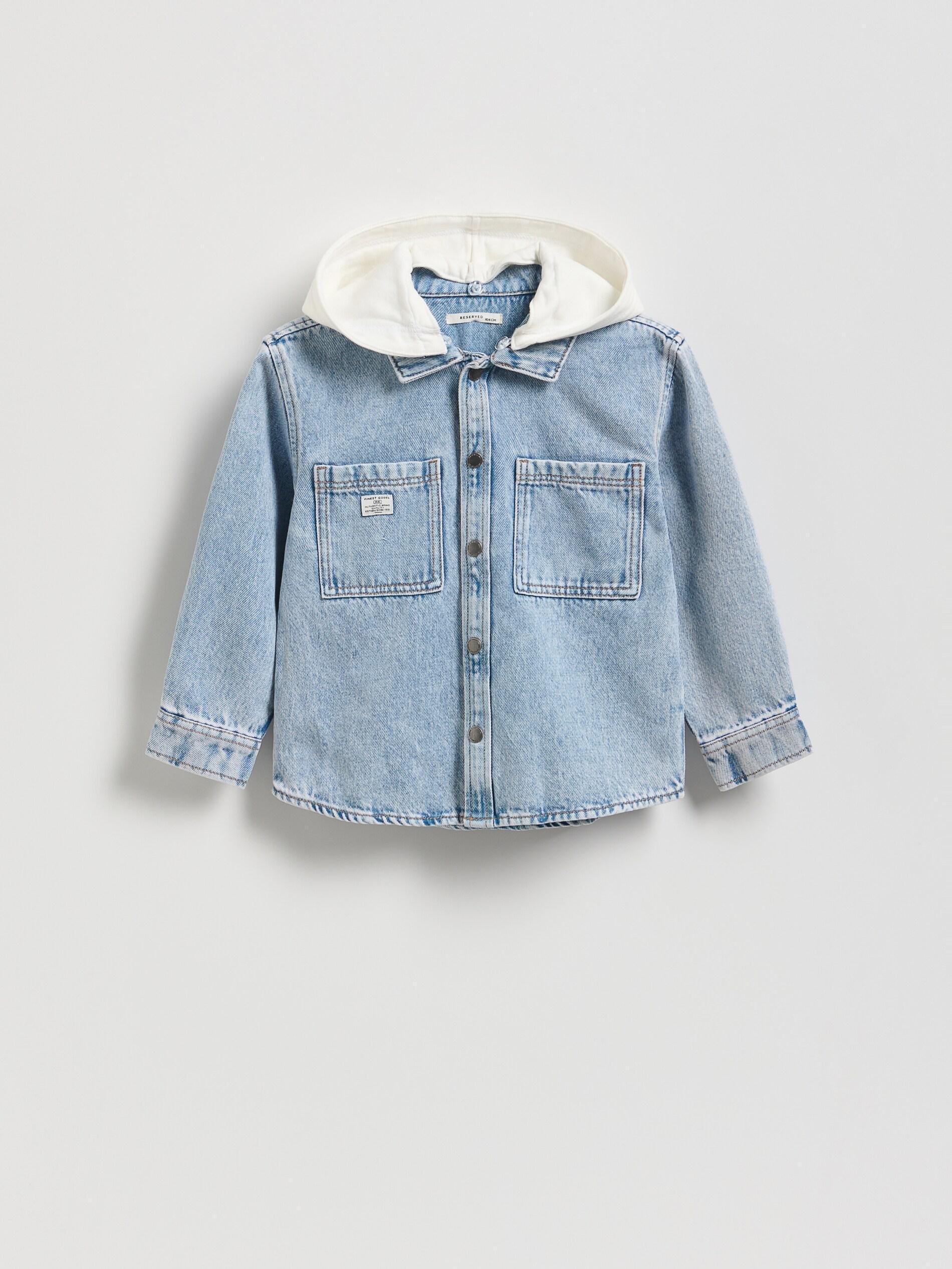 Blue Hooded Denim Shirt, Kids Boys, Blue, large image number 0