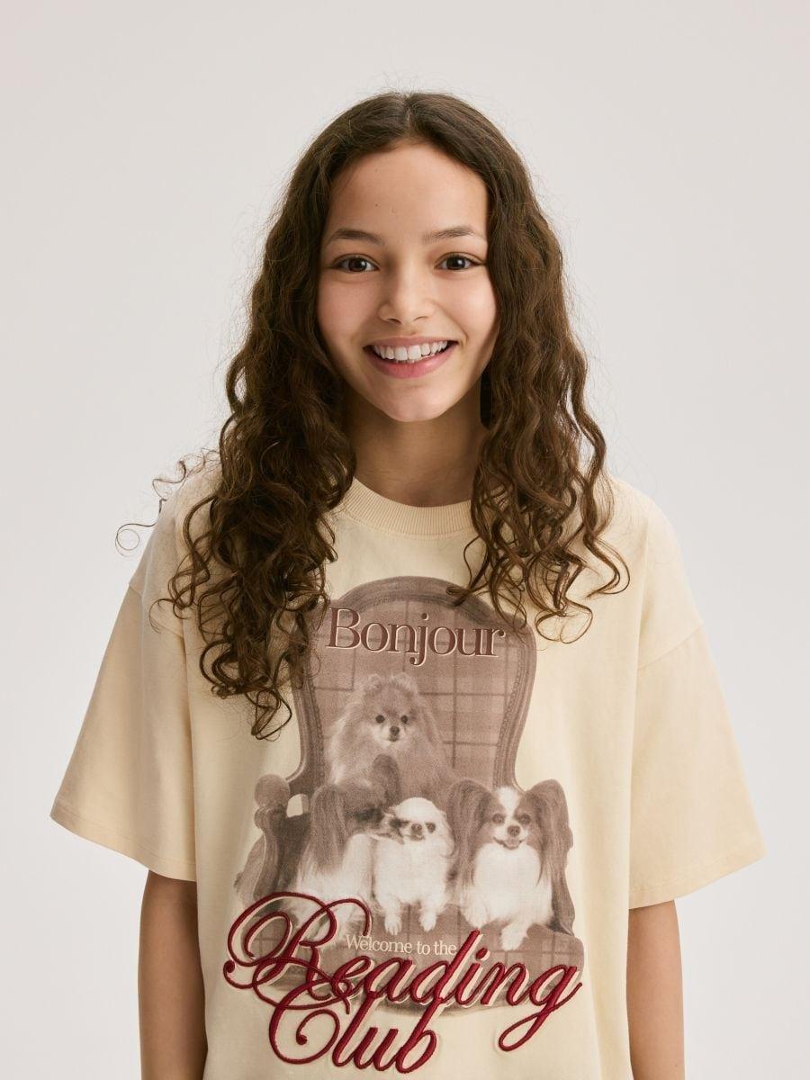 Beige Printed T-Shirt With Embroidery, Ivory, large image number 1