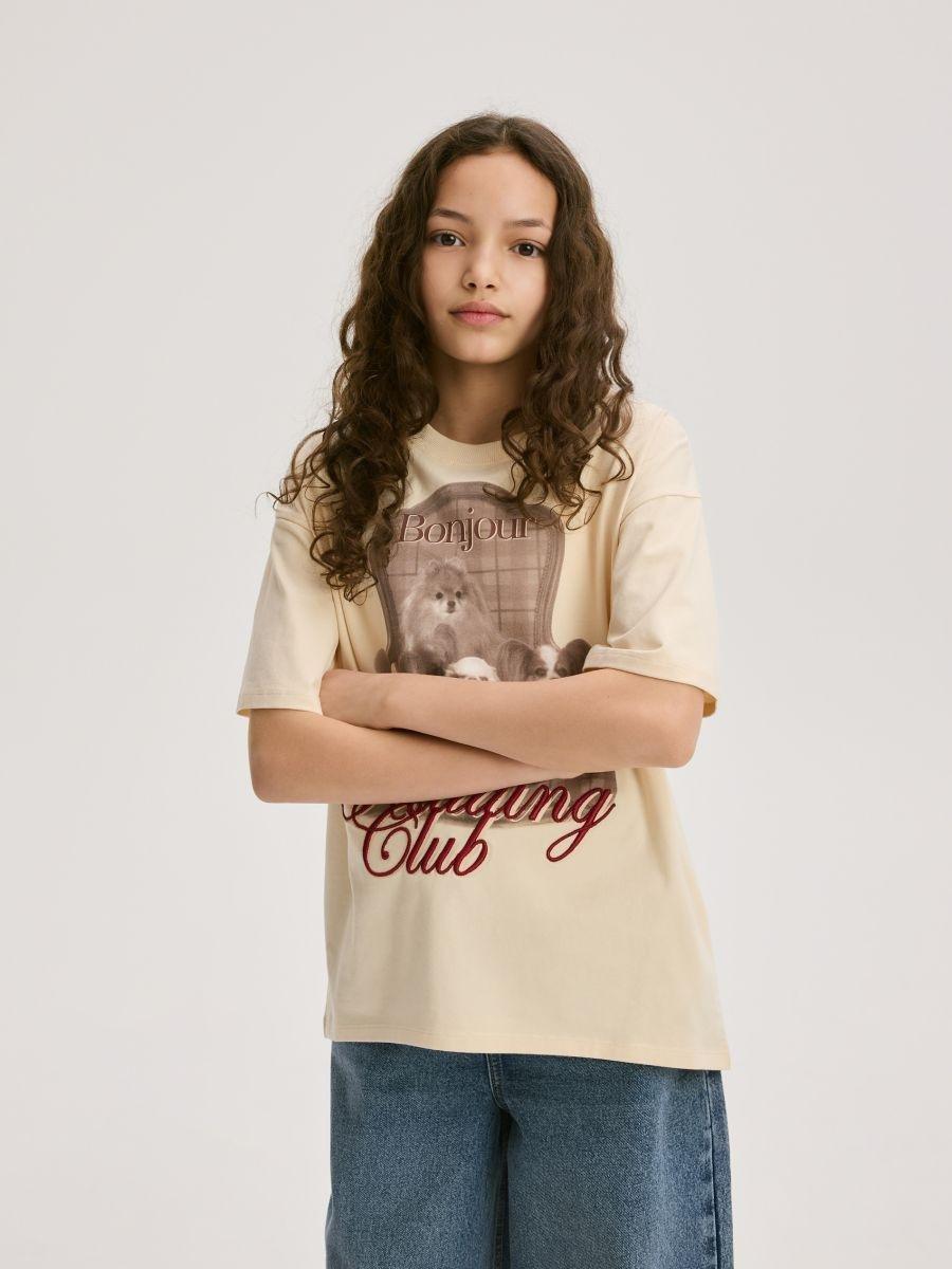 Beige Printed T-Shirt With Embroidery, Ivory, medium