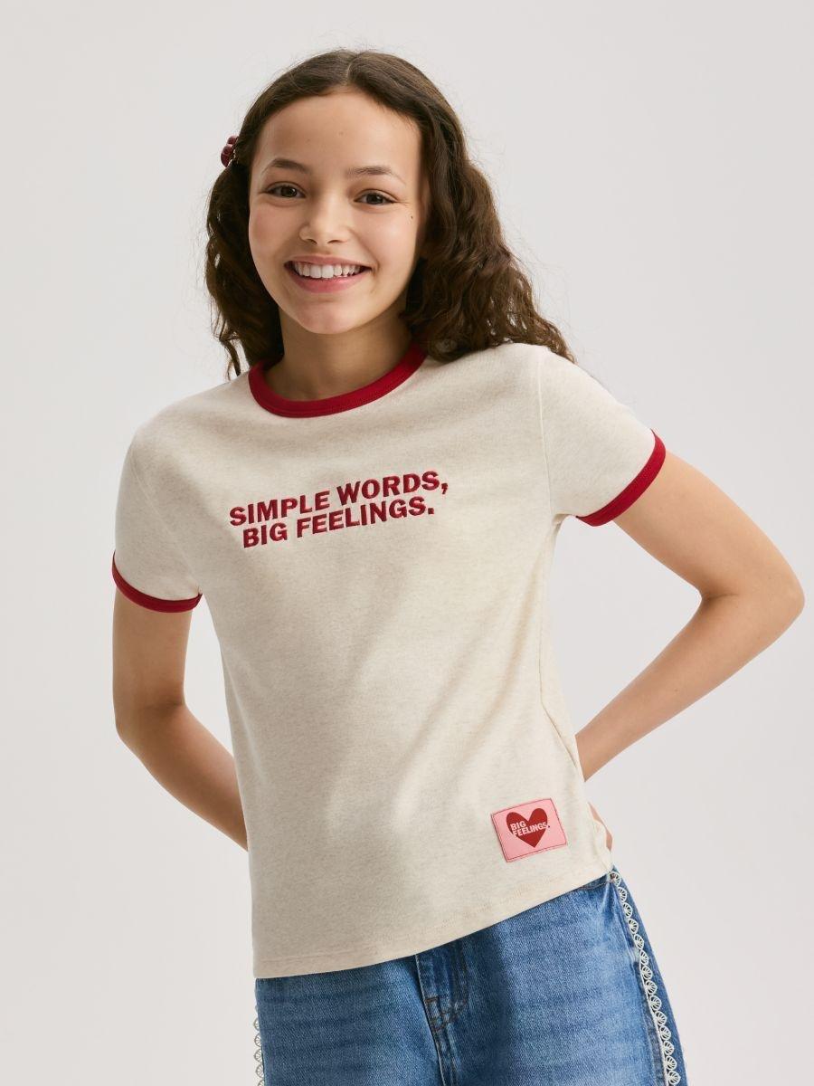 Beige T-Shirt With Embroidered Slogan, Beige, medium