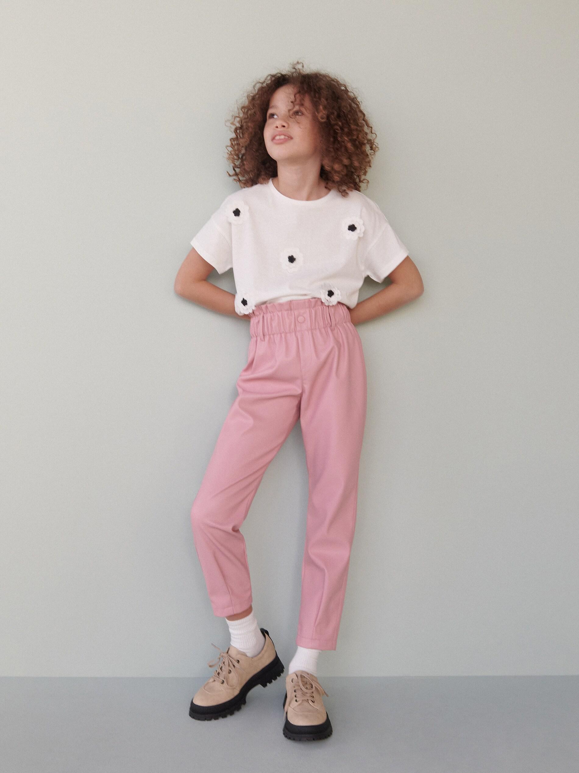 Pink Faux Leather Paperbag Trousers, Kids Girl, , large image number 0