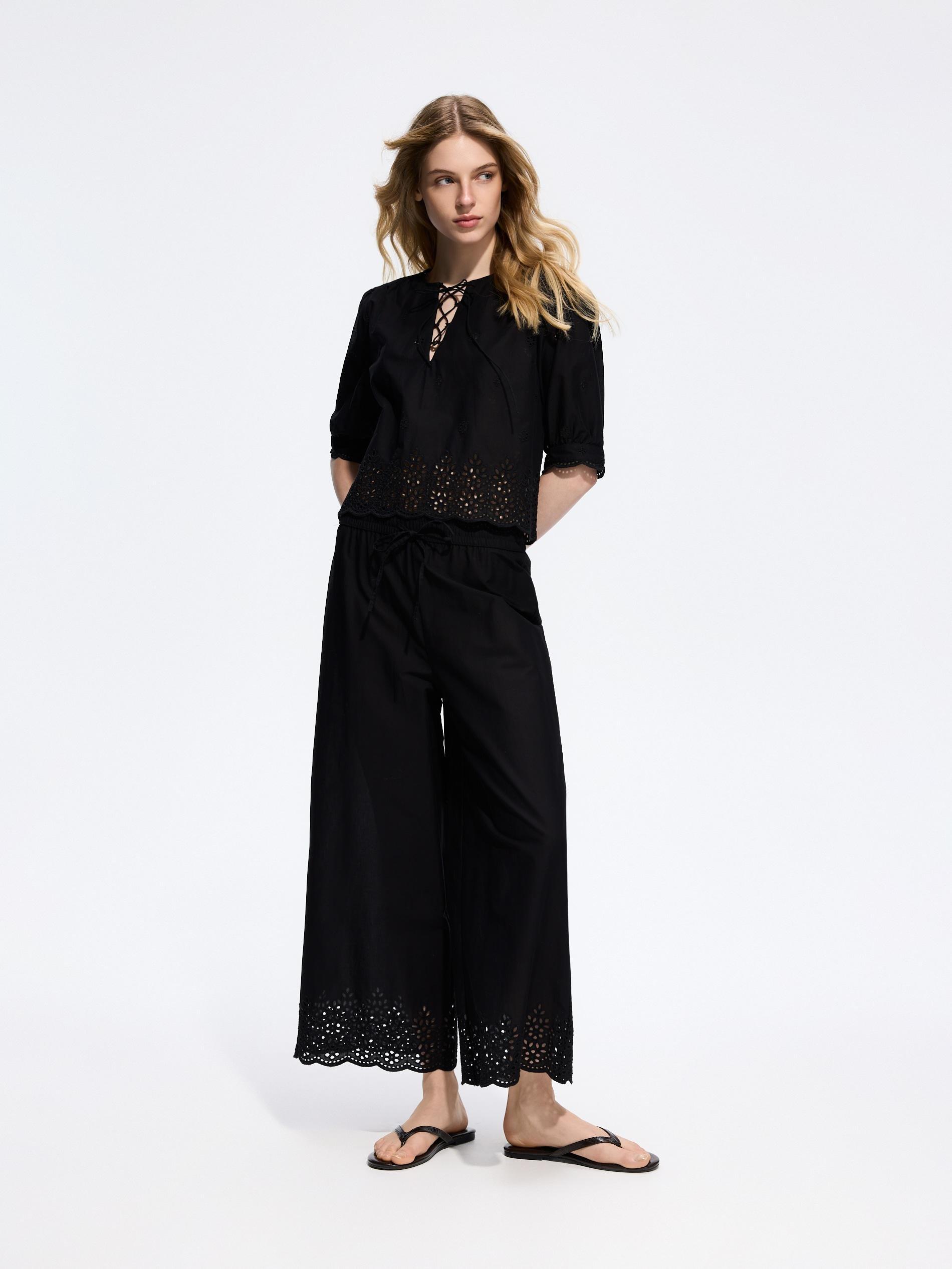 Black Pants With Openwork Trim, Black, large image number 0