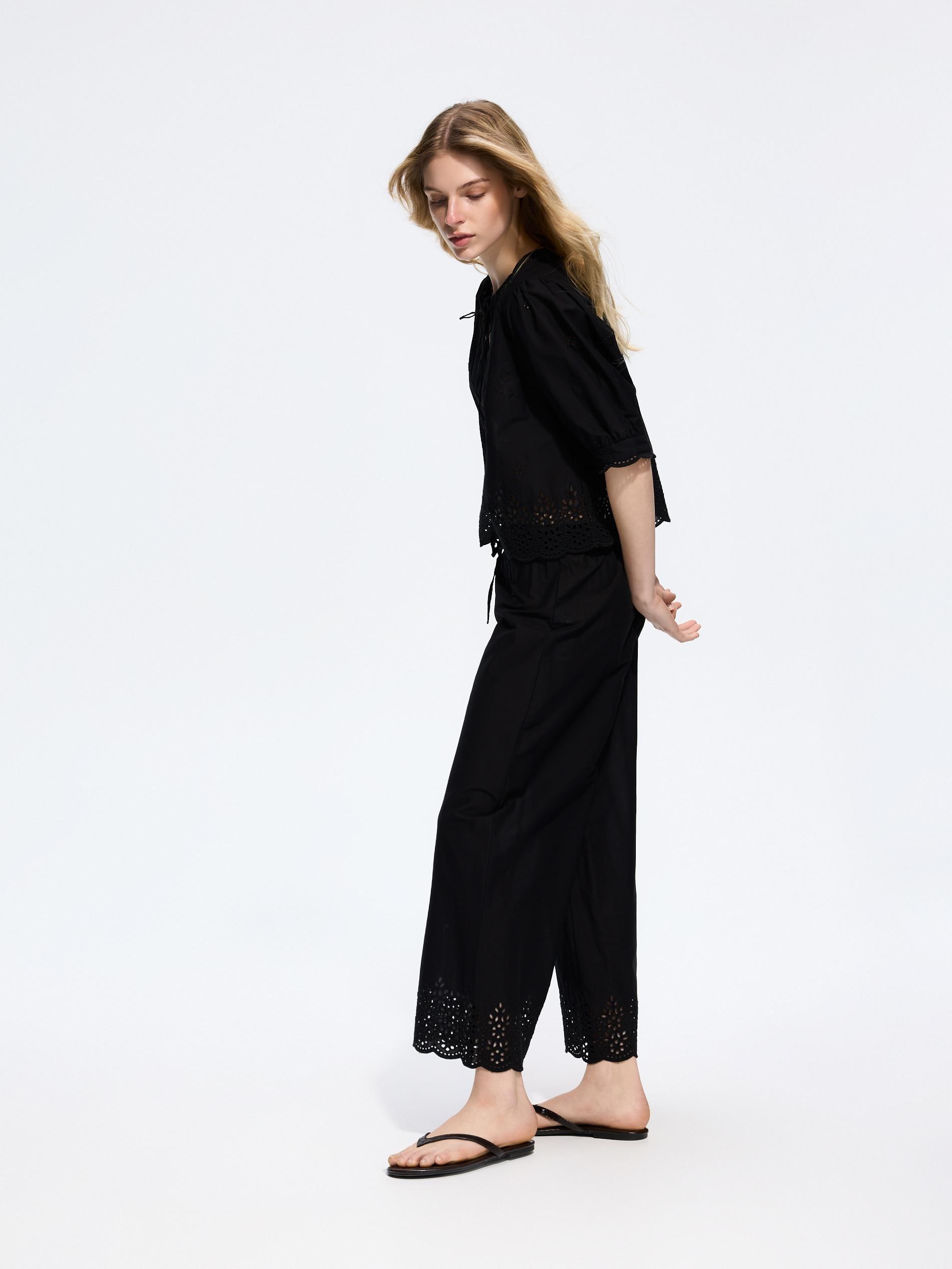 Black Pants With Openwork Trim, Black, large image number 1
