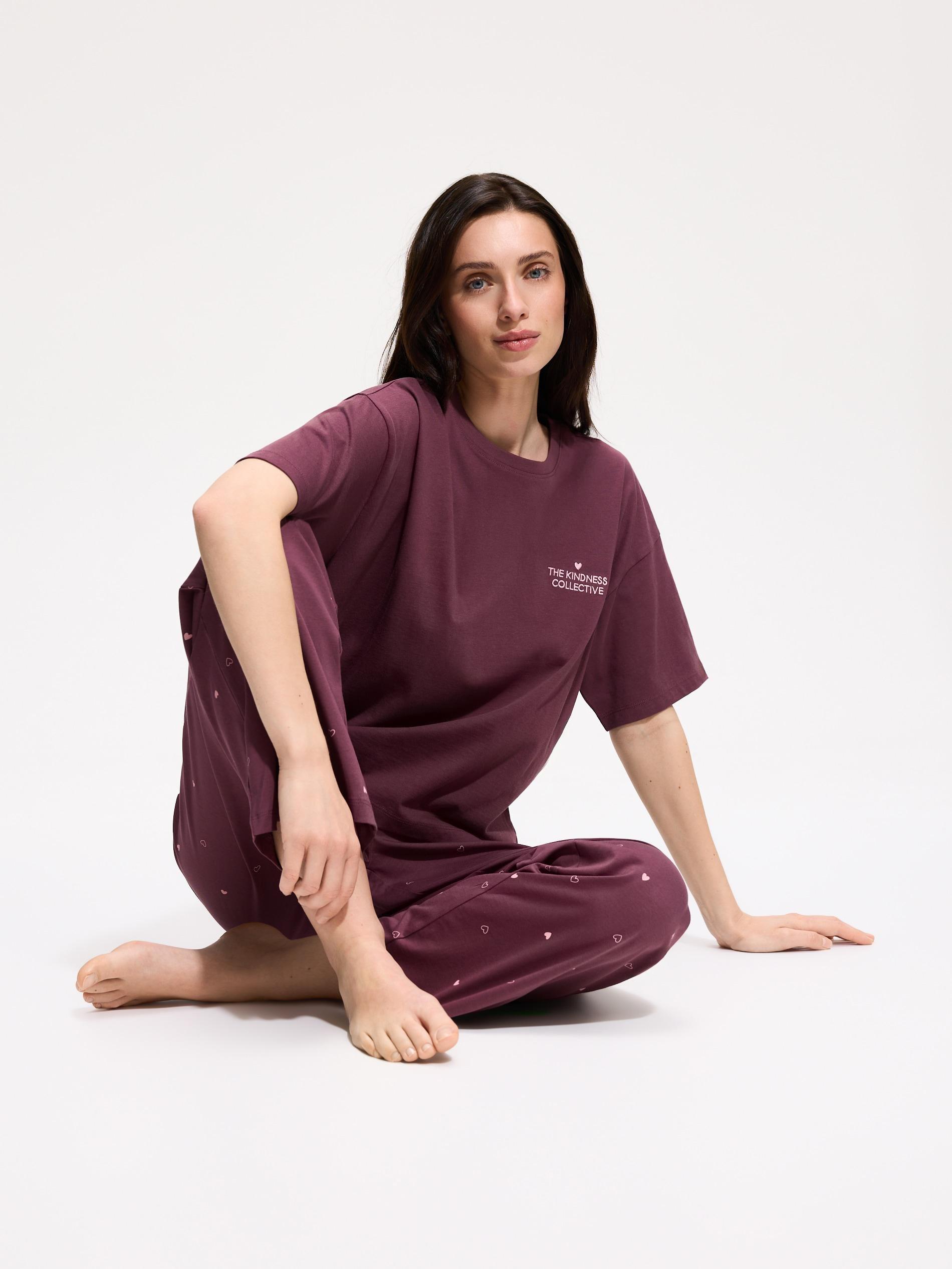 طقم بيجاما من قطعتين مع تطريز و طبعة بنفسجي, Purple, medium