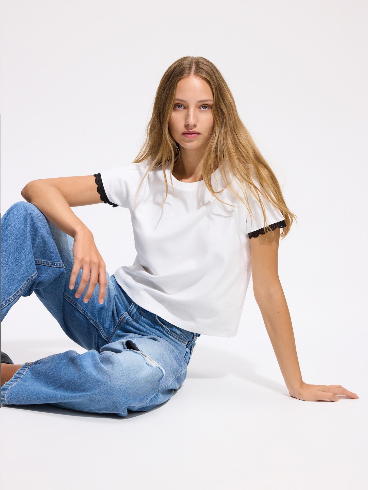 Cream T-Shirt With Lace Trim, Ivory, large image number 0