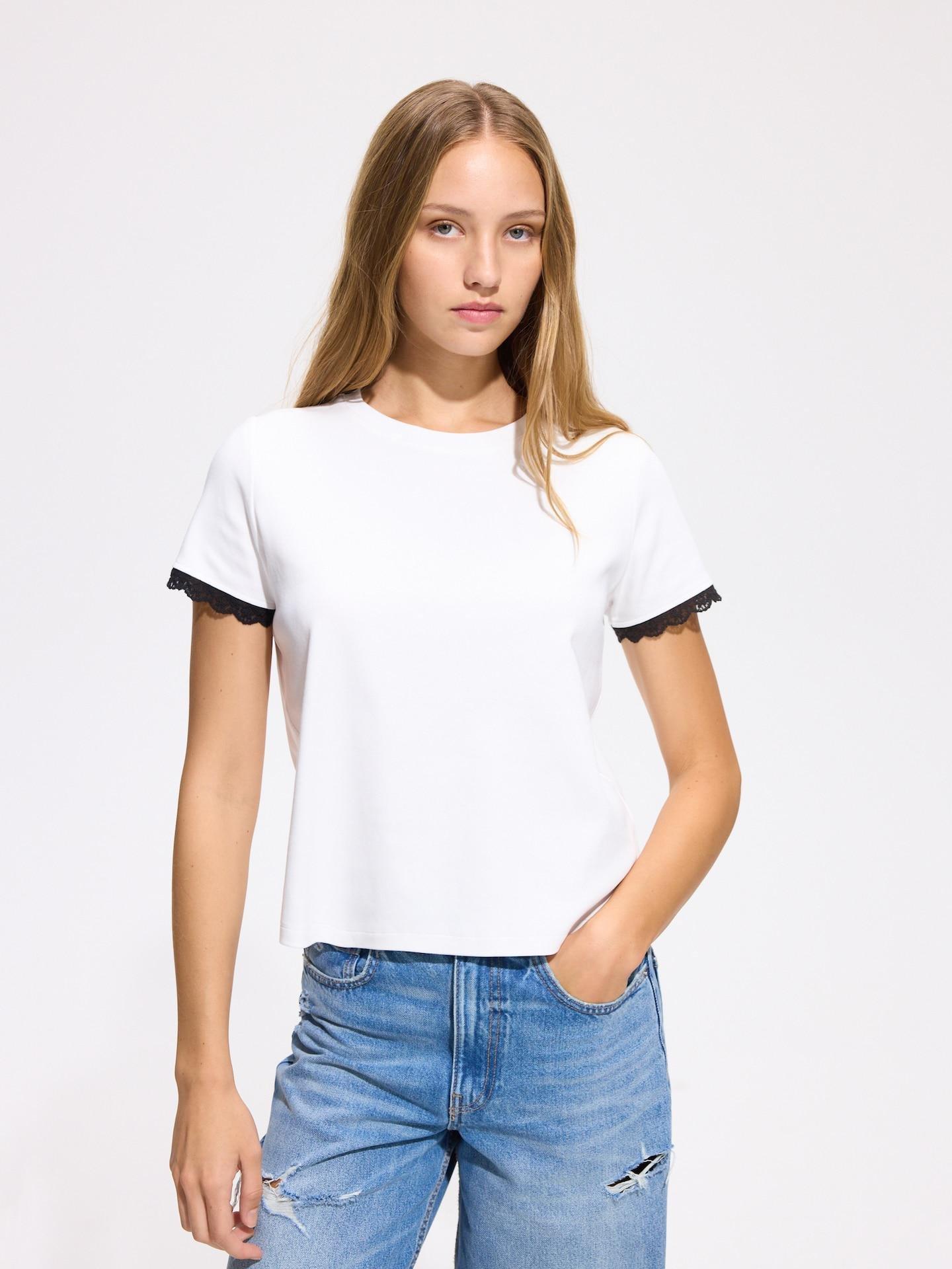 Cream T-Shirt With Lace Trim, Ivory, medium