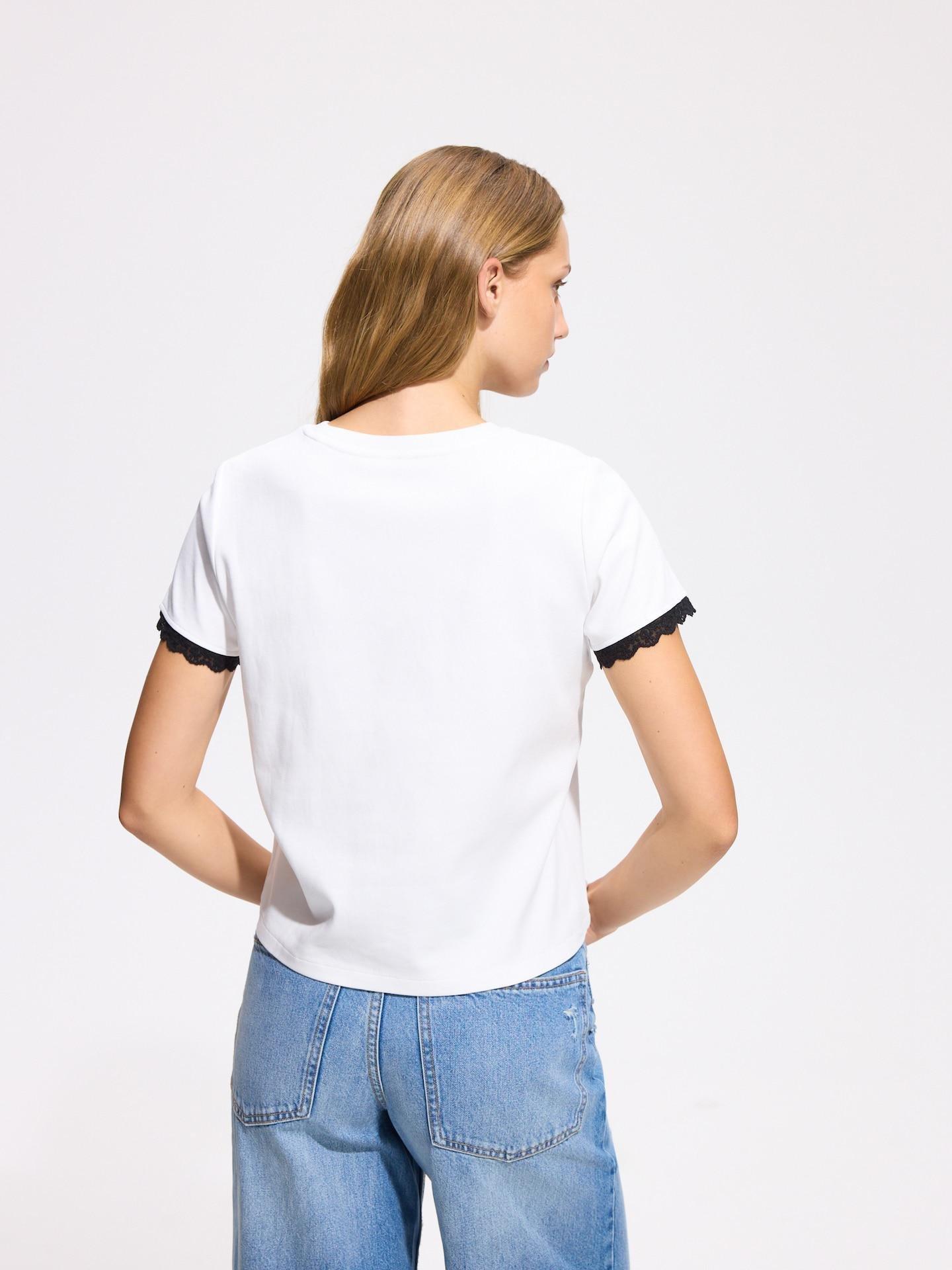 Cream T-Shirt With Lace Trim, Ivory, medium