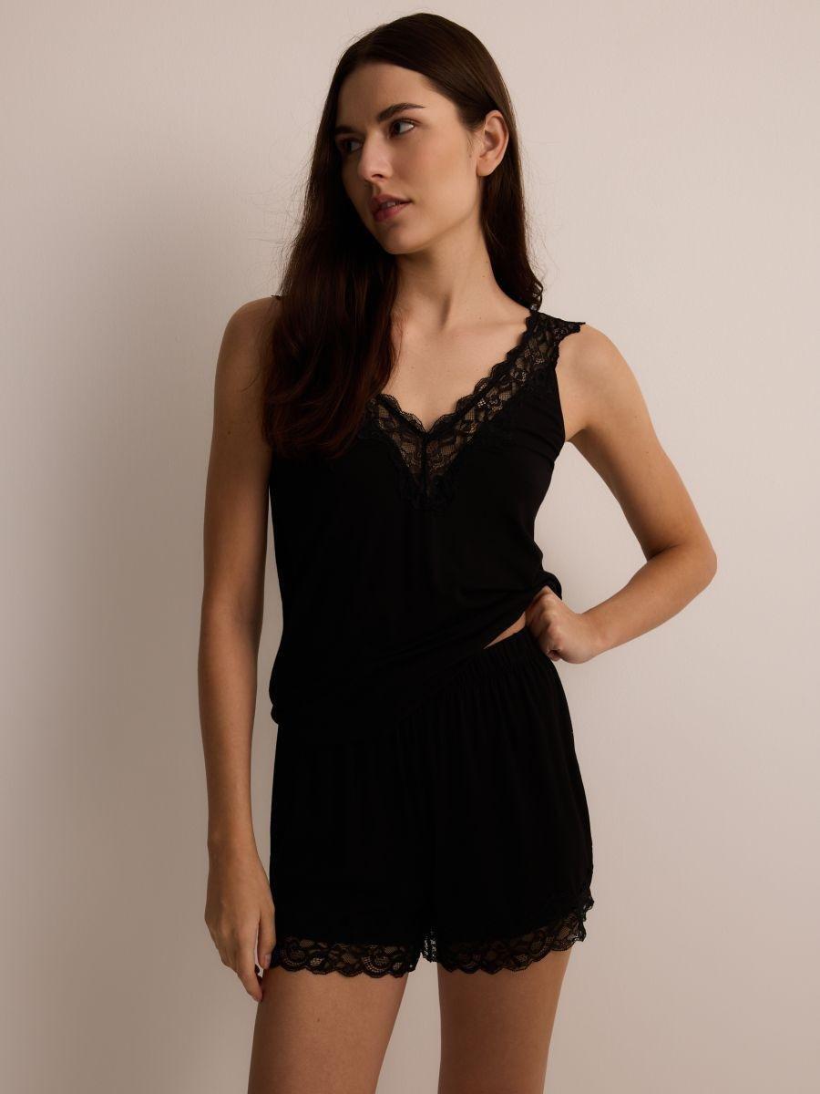 Black Two-Piece Pajamas With Lace Details, , medium