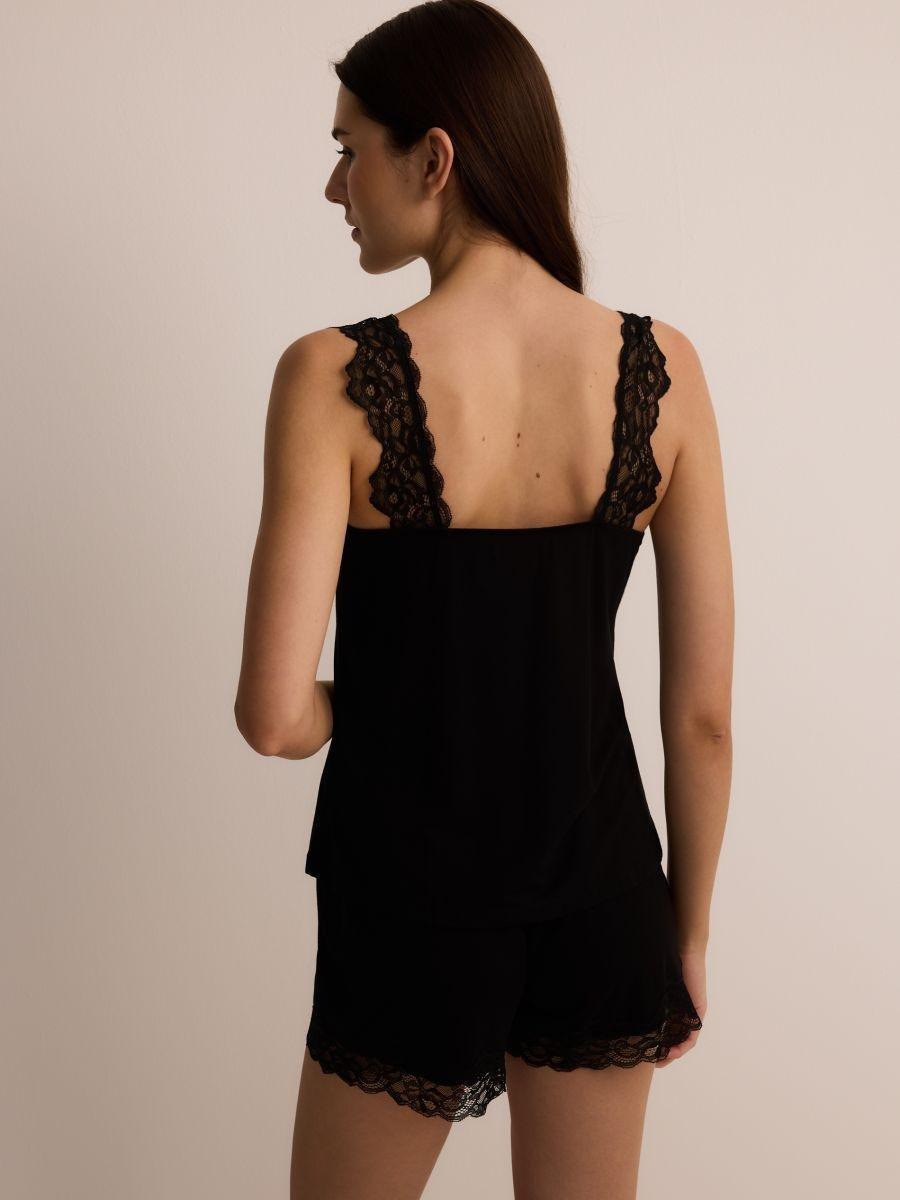 Black Two-Piece Pajamas With Lace Details, , large image number 1