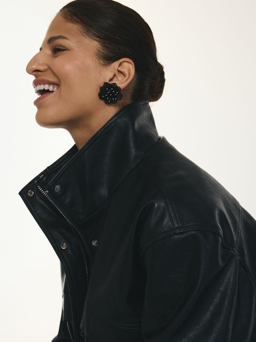 Black Earrings In The Shape Of Flowers, Black, medium