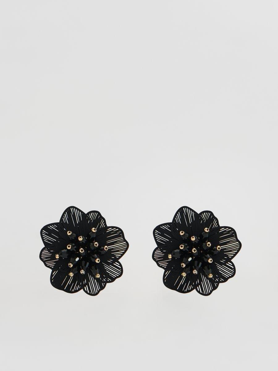 Black Earrings In The Shape Of Flowers, Black, medium
