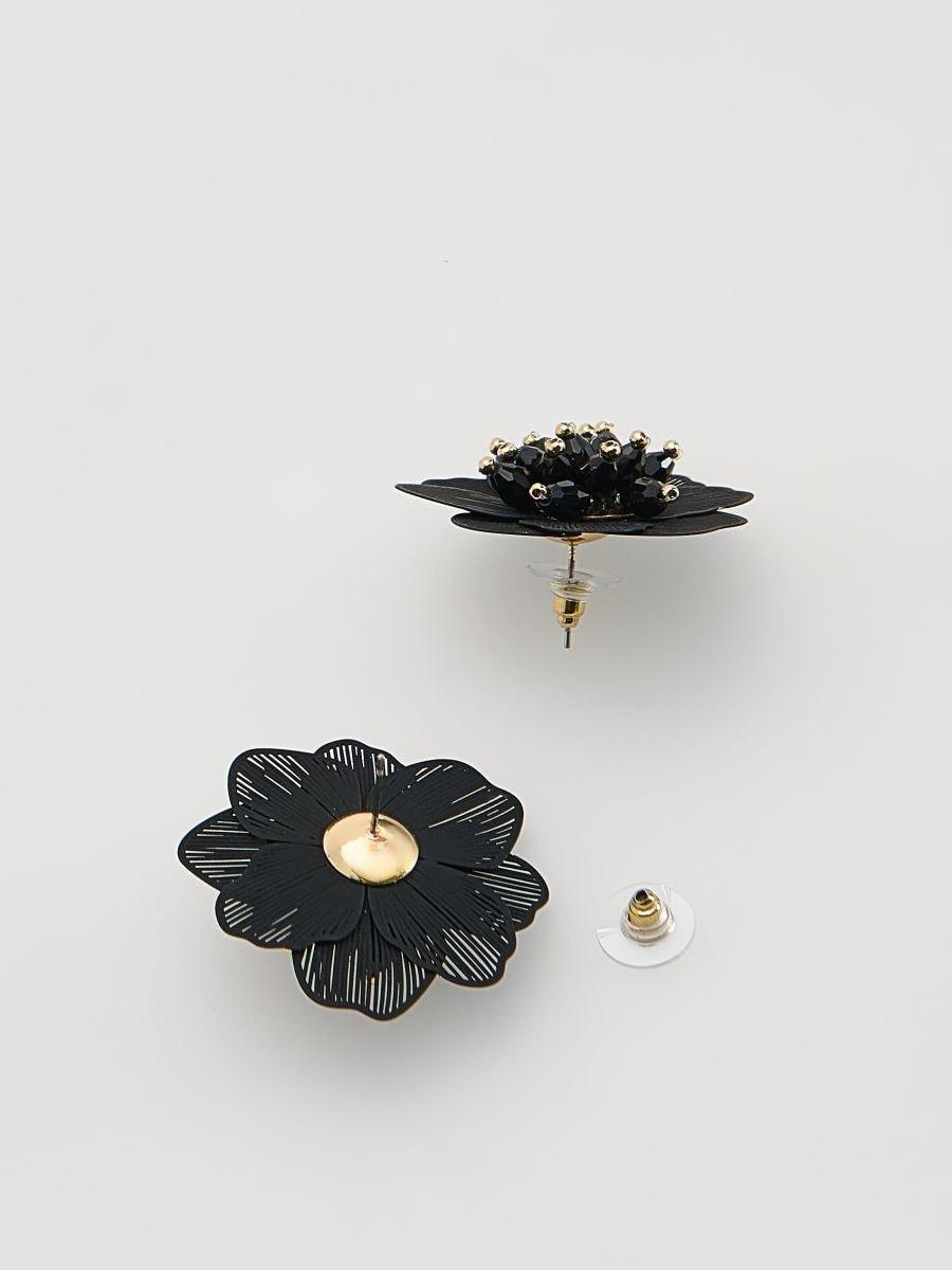 Black Earrings In The Shape Of Flowers, Black, medium