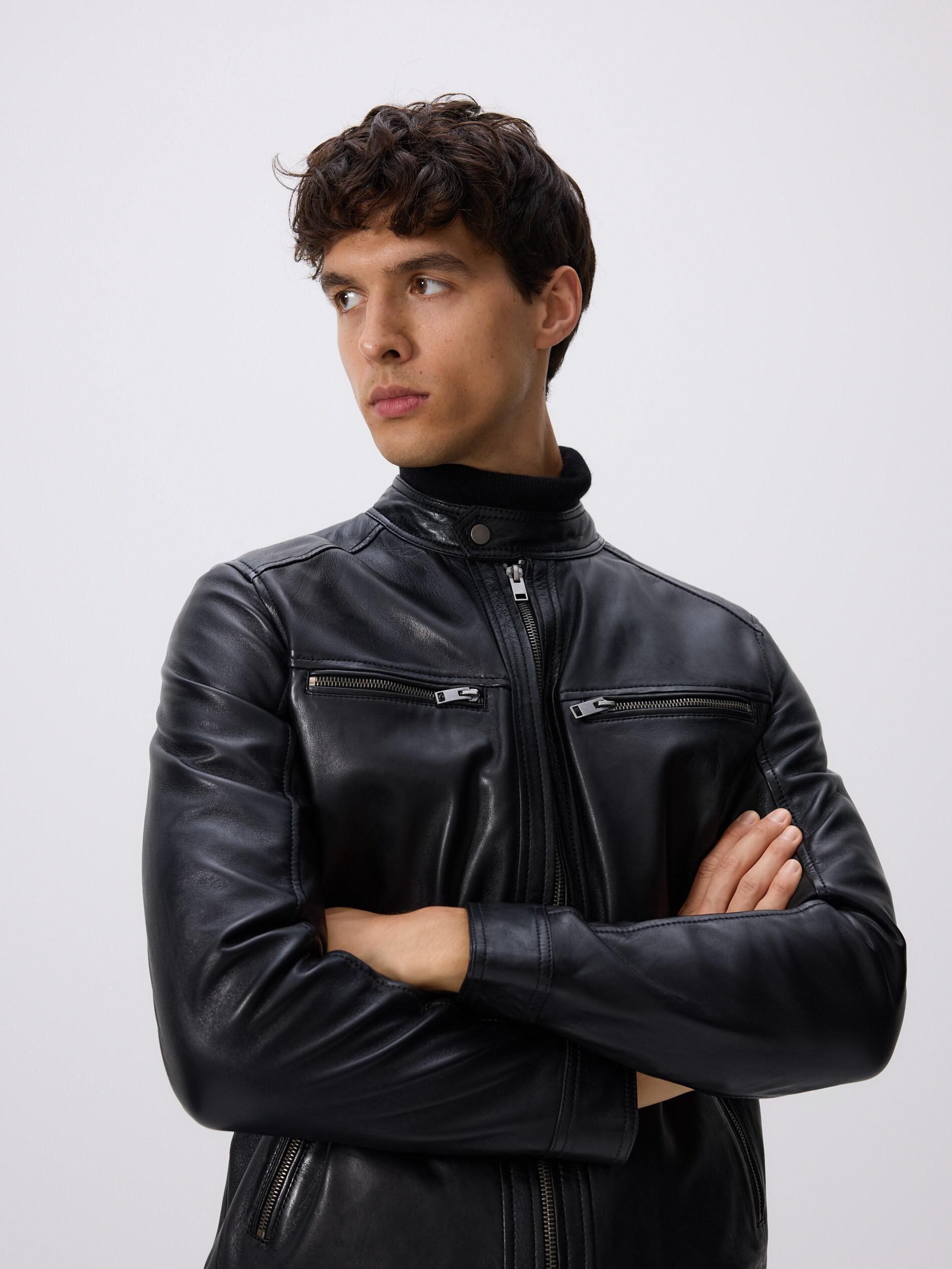 Black Leather Biker Jacket, Black, large image number 0