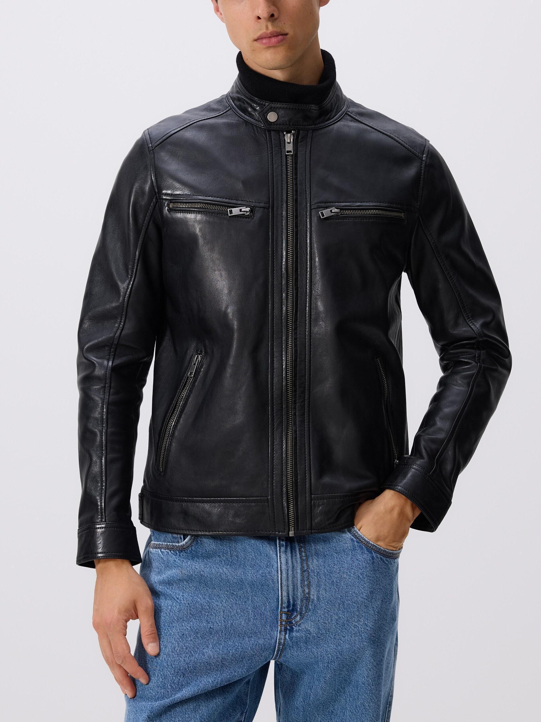 Black Leather Biker Jacket, Black, large image number 1