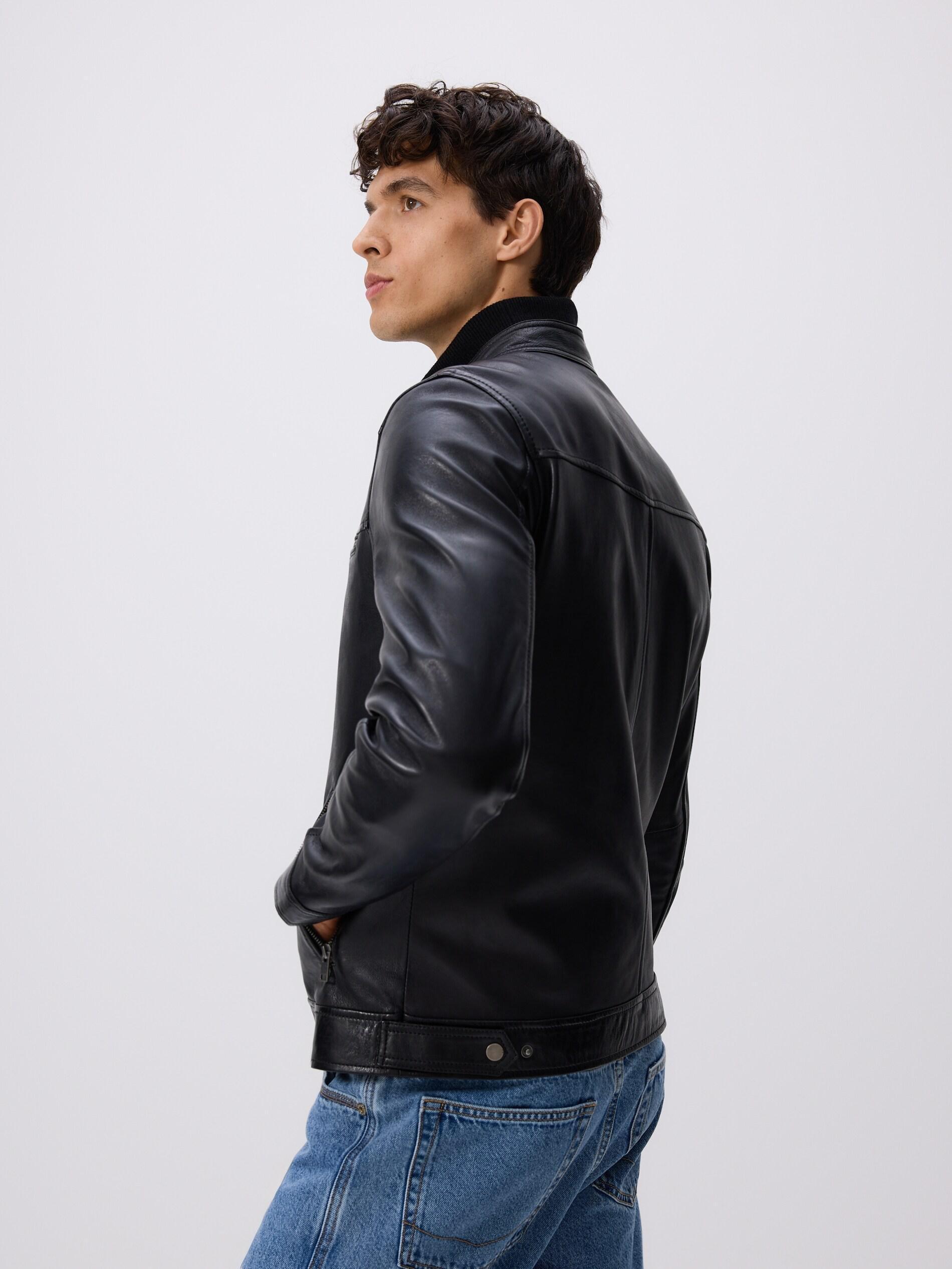 Black Leather Biker Jacket, Black, large image number 3