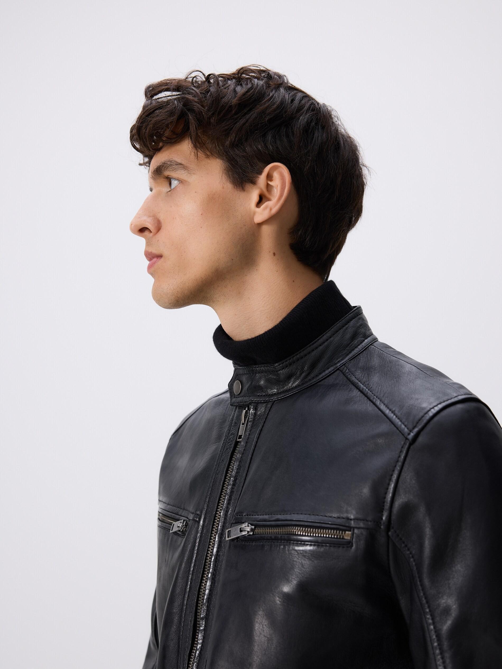 Black Leather Biker Jacket, Black, large image number 5