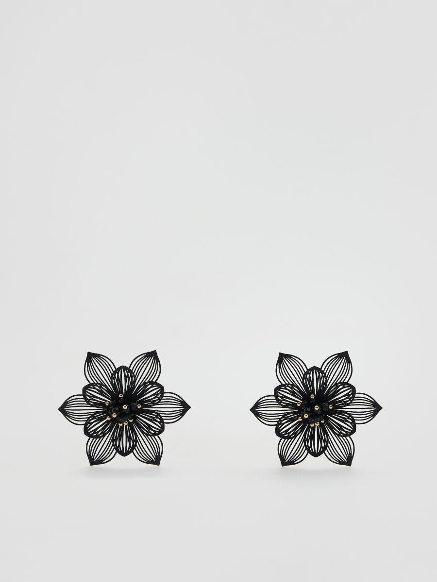 Black Earrings In The Shape Of Flowers, Black, large image number 0