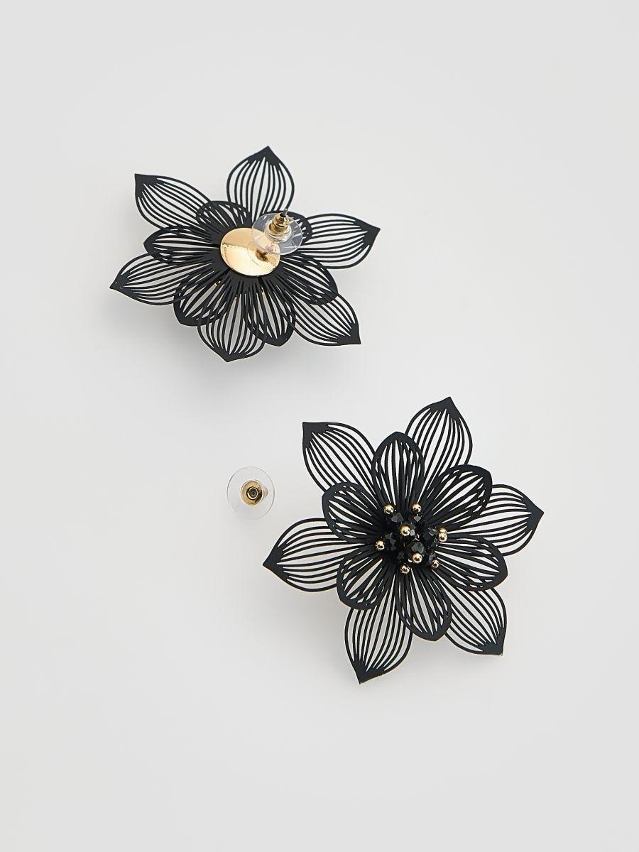 Black Earrings In The Shape Of Flowers, Black, large image number 1