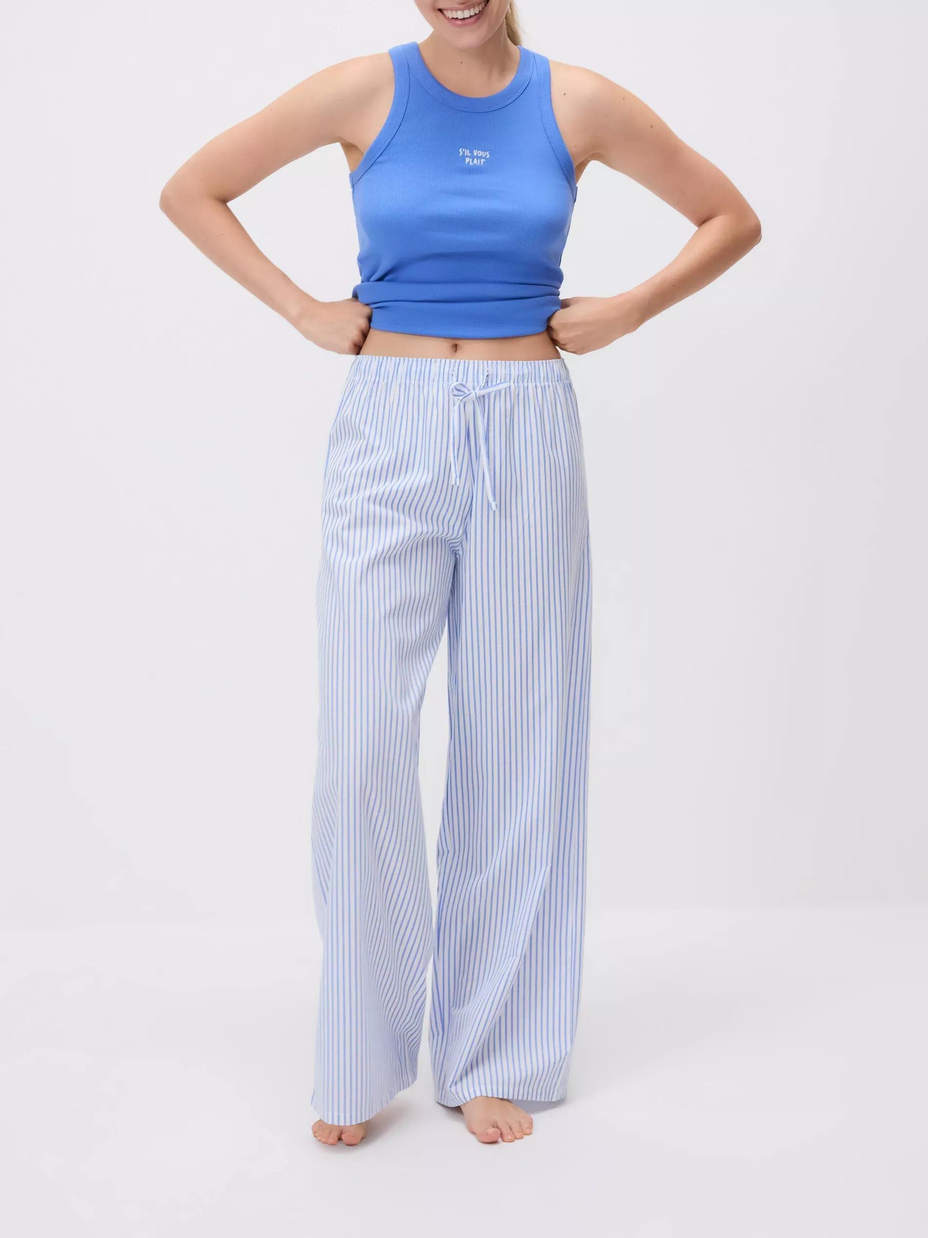 Blue Two Piece Pyjama Set With Embroidery, Blue, medium