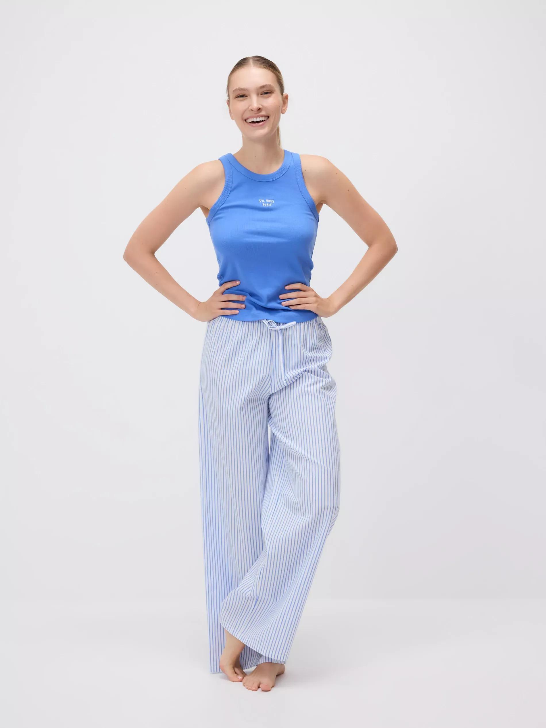 Blue Two Piece Pyjama Set With Embroidery, Blue, medium