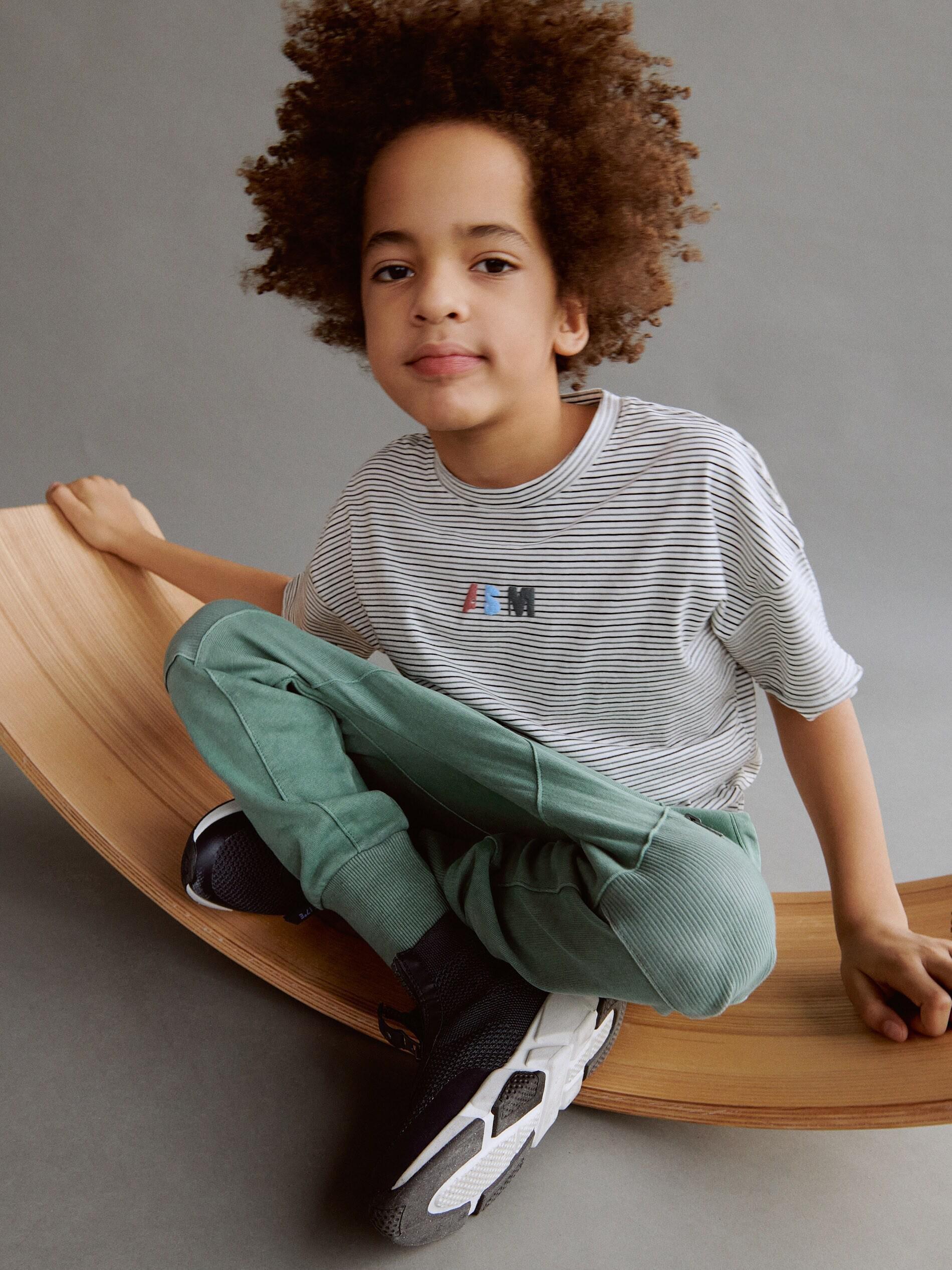 Cream Striped Cotton T-Shirt, Boys, , large image number 0