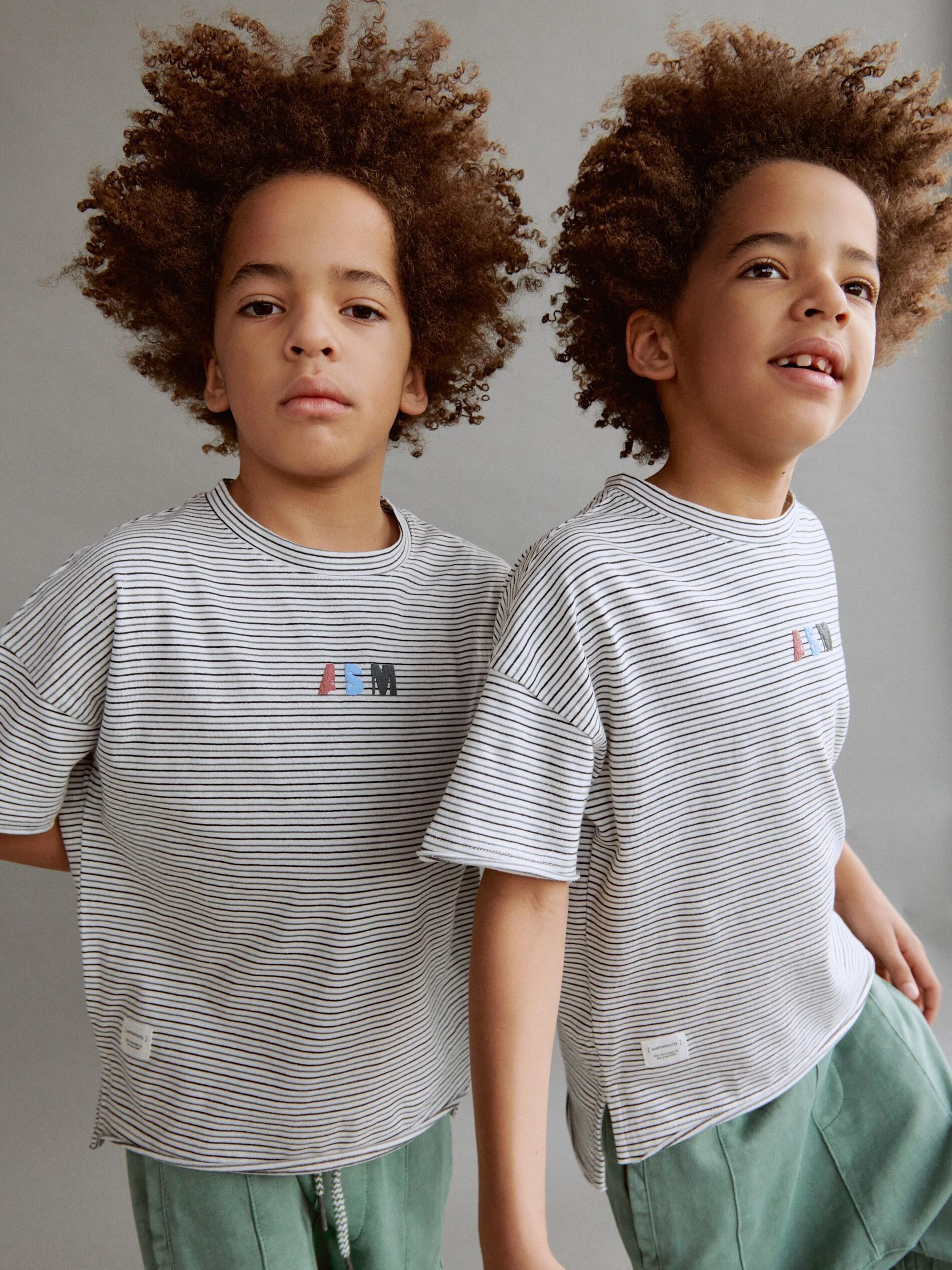Cream Striped Cotton T-Shirt, Boys, , large image number 1