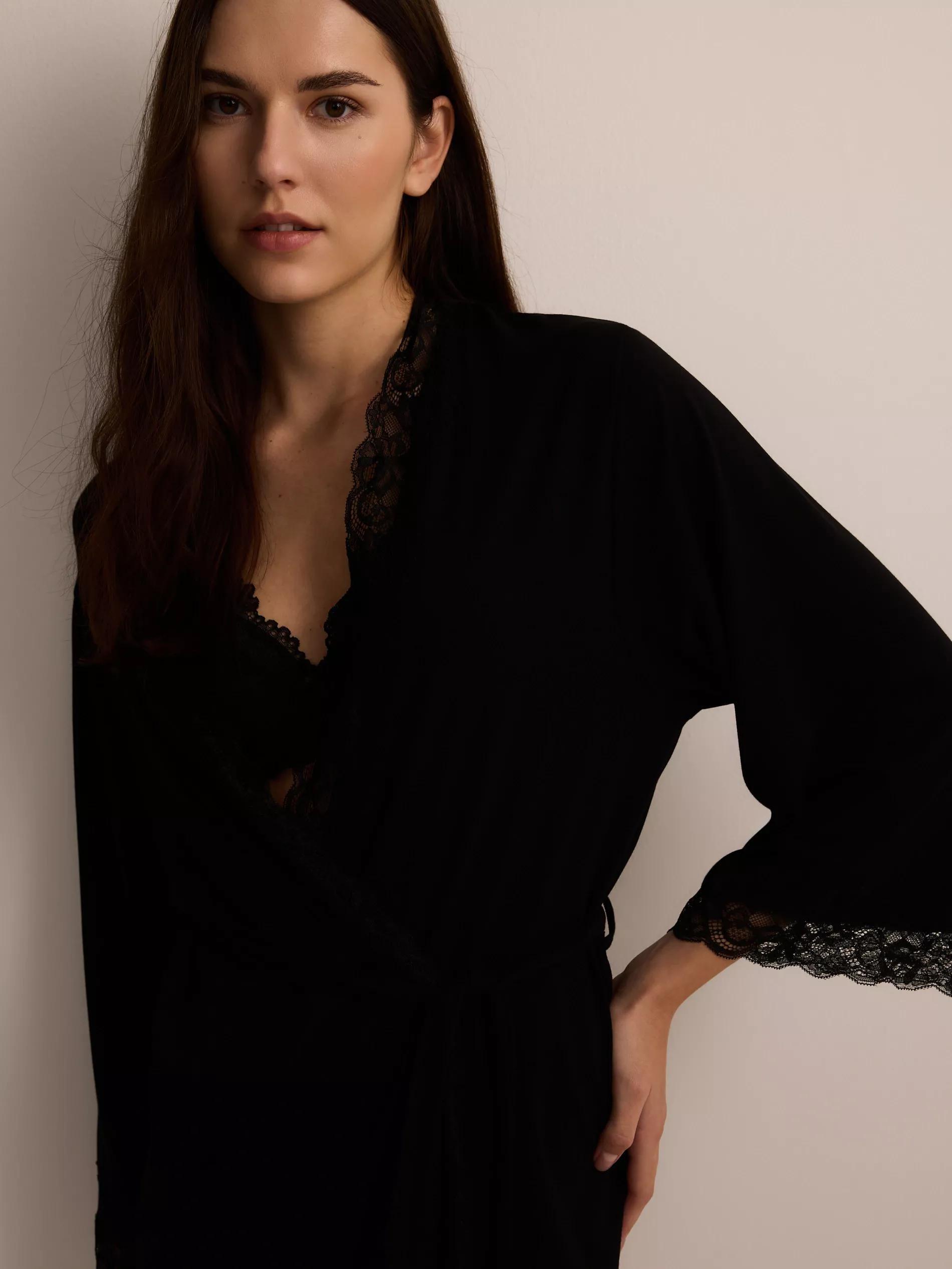 Black Viscose Rich Dressing Gown, , large image number 1